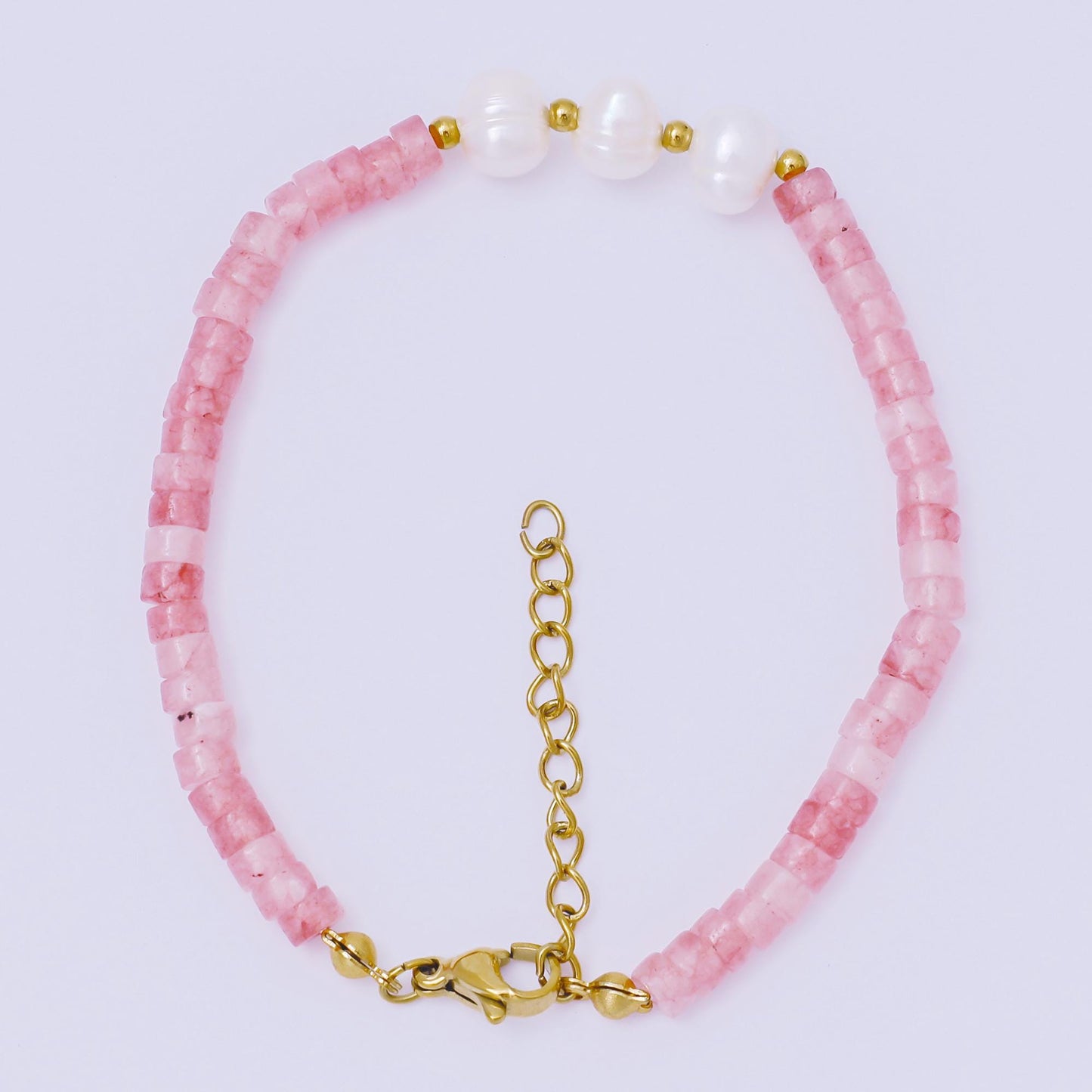 Pink gem stone beaded Bracelet Pearl handmade jewelry WA-1347