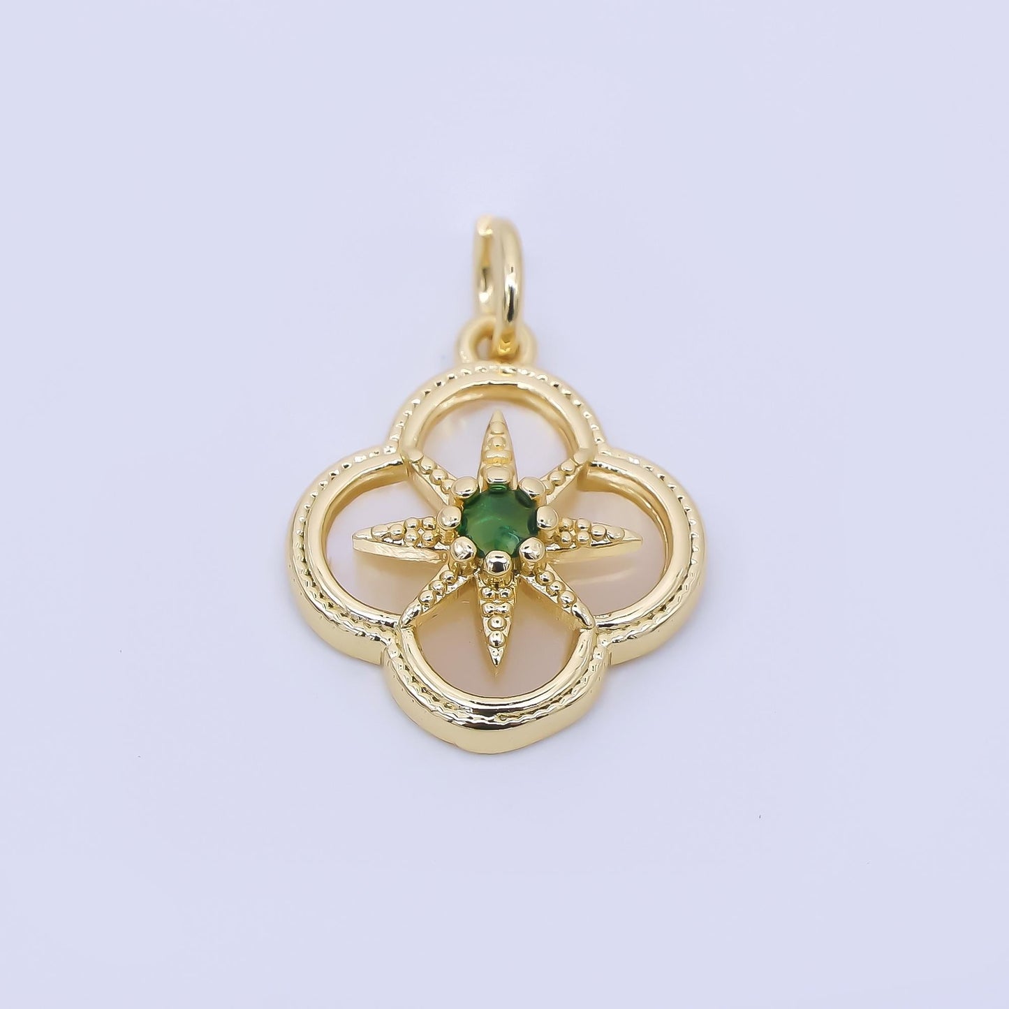 Dainty mother of pearl clover charm with North Star pendant for Celestial Bracelet necklace making Minimalist jewelry AF-1275
