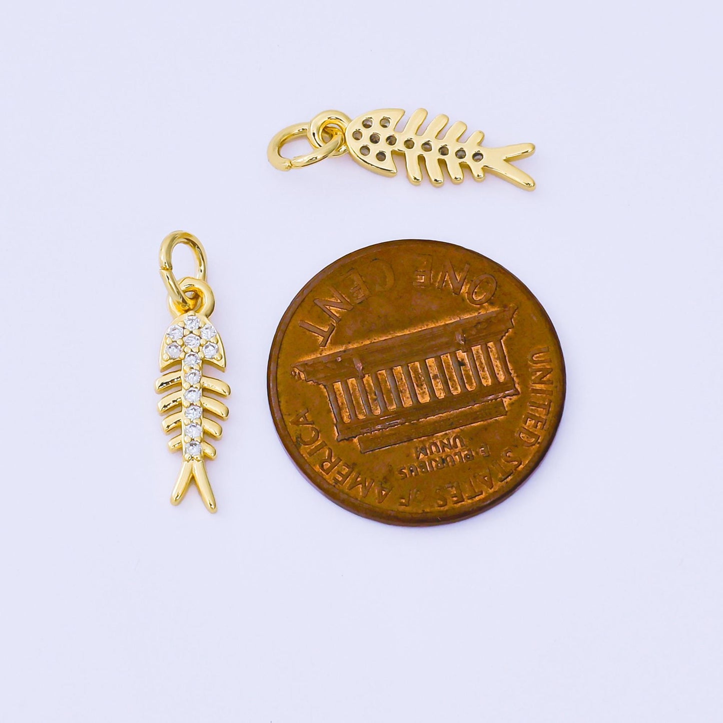 24K Gold Filled 15.3mm Round CZ Fishbone Minimalist Charm | aj-494