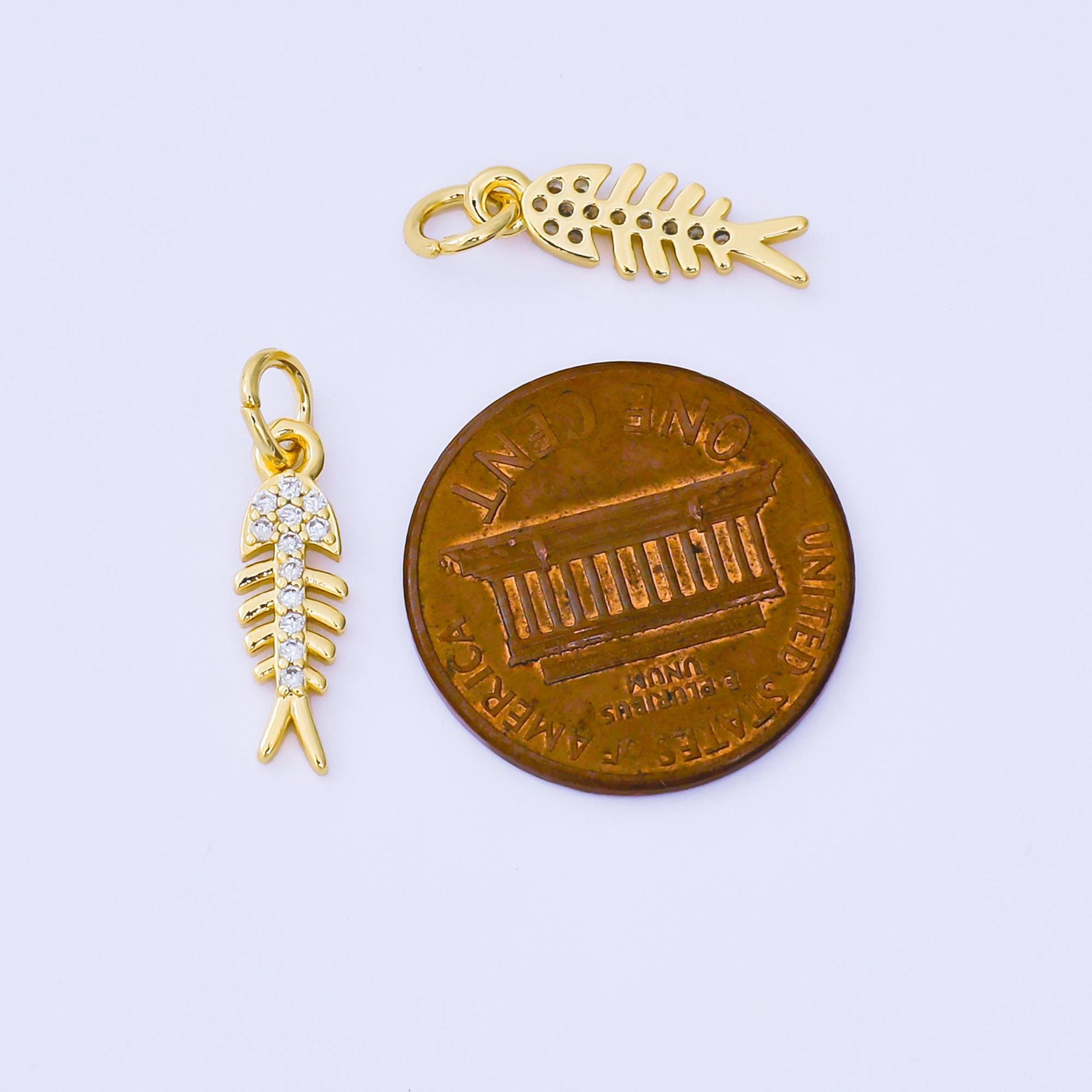 24K Gold Filled 15.3mm Round CZ Fishbone Minimalist Charm | aj-494