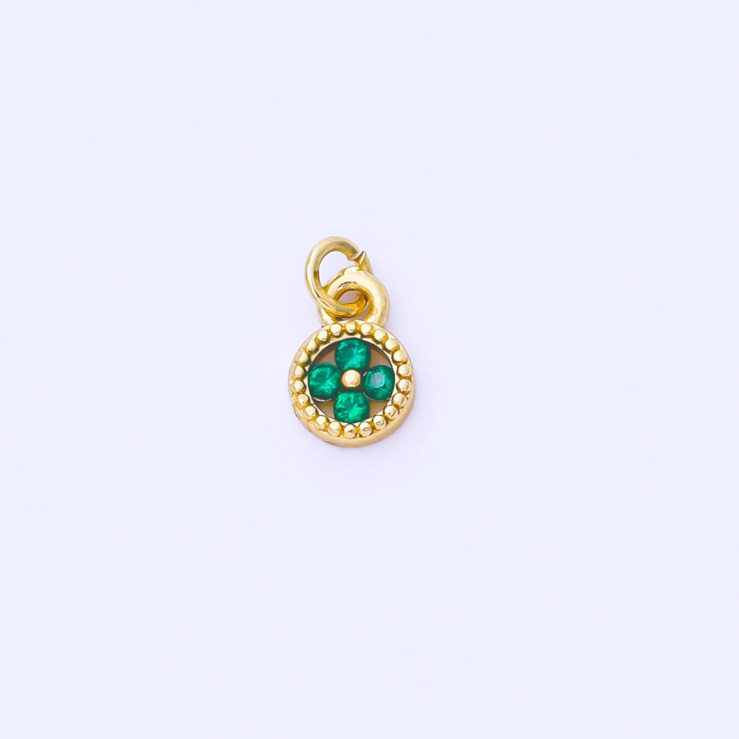 Mini Gold Tiny Clover Charm, CZ Micro Pave Clover Charm, Zirconia Charms, Green Blue Clover Round Charm AF-1500