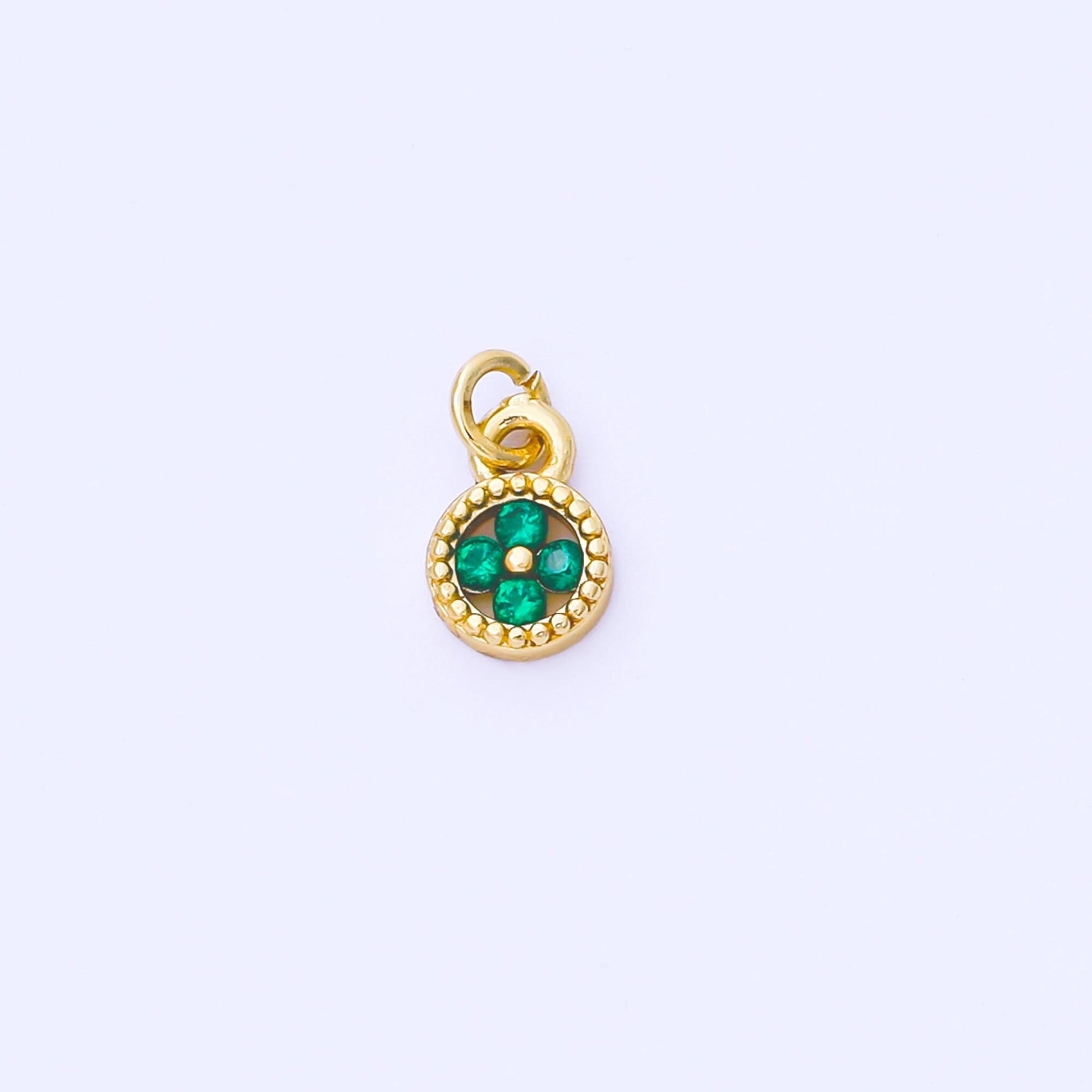 Mini Gold Tiny Clover Charm, CZ Micro Pave Clover Charm, Zirconia Charms, Green Blue Clover Round Charm AF-1500