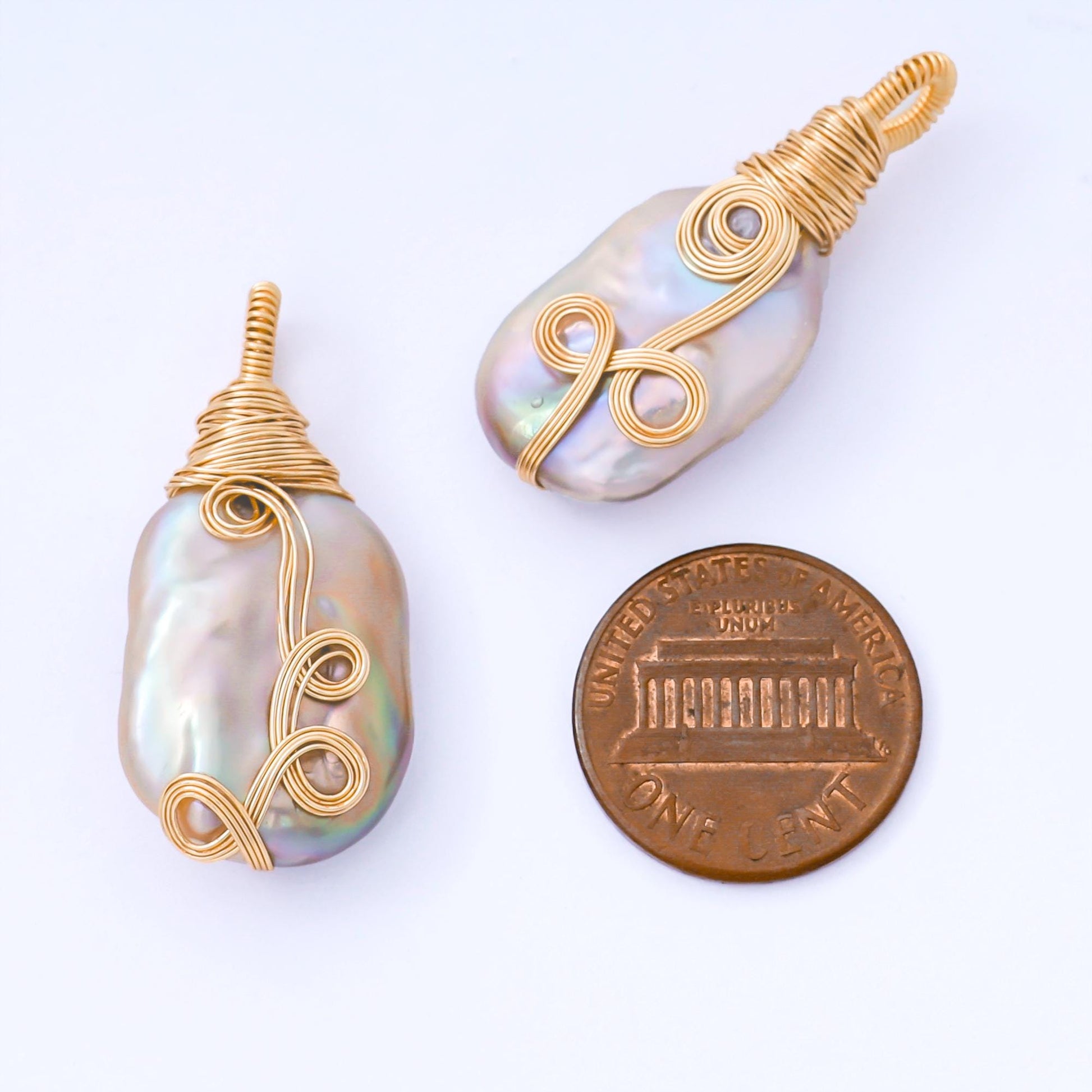 Gold Plated 33mm White Oval Baroque Freshwater Pearl Multiple Wire Wrapped Charm | AF-578