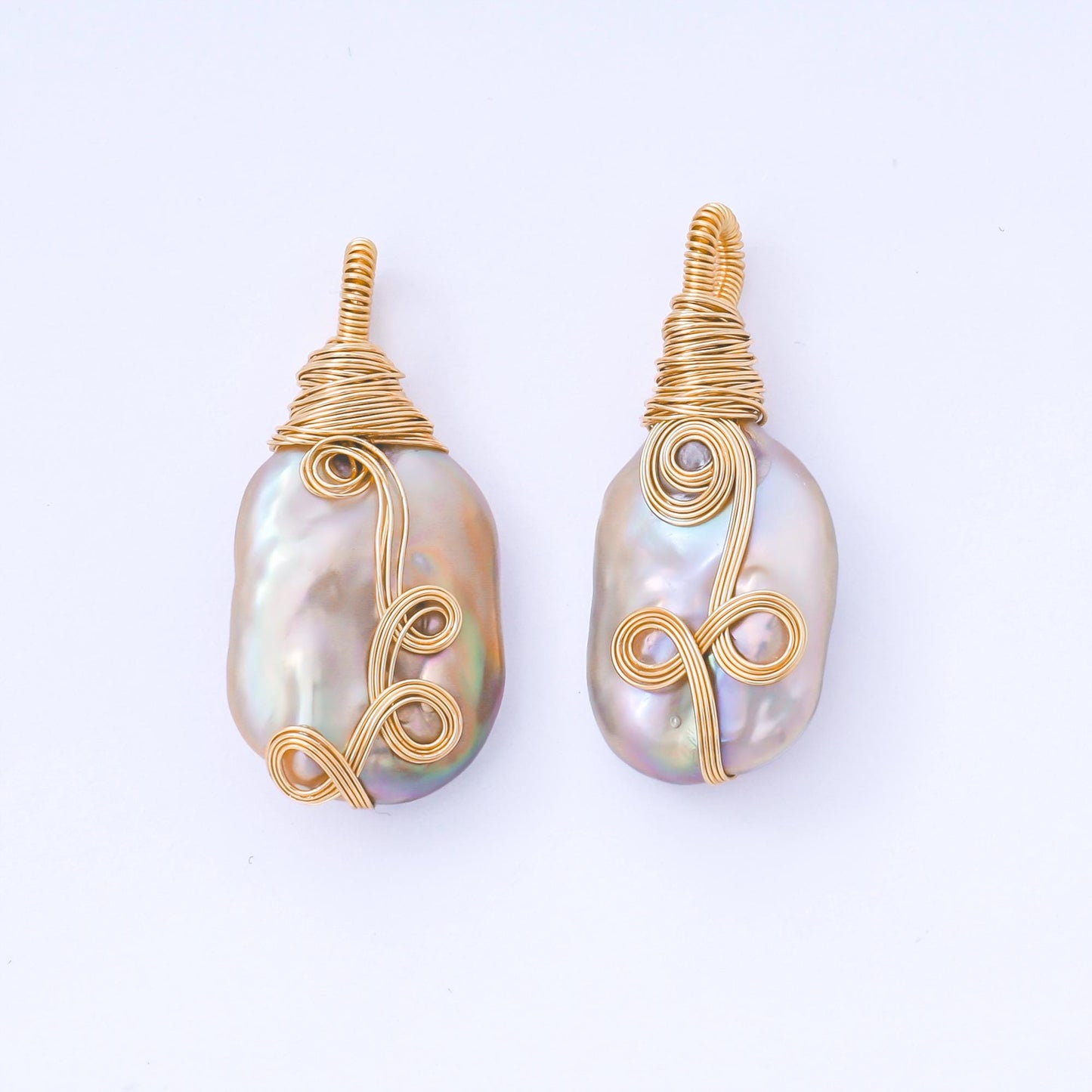 Gold Plated 33mm White Oval Baroque Freshwater Pearl Multiple Wire Wrapped Charm | AF-578