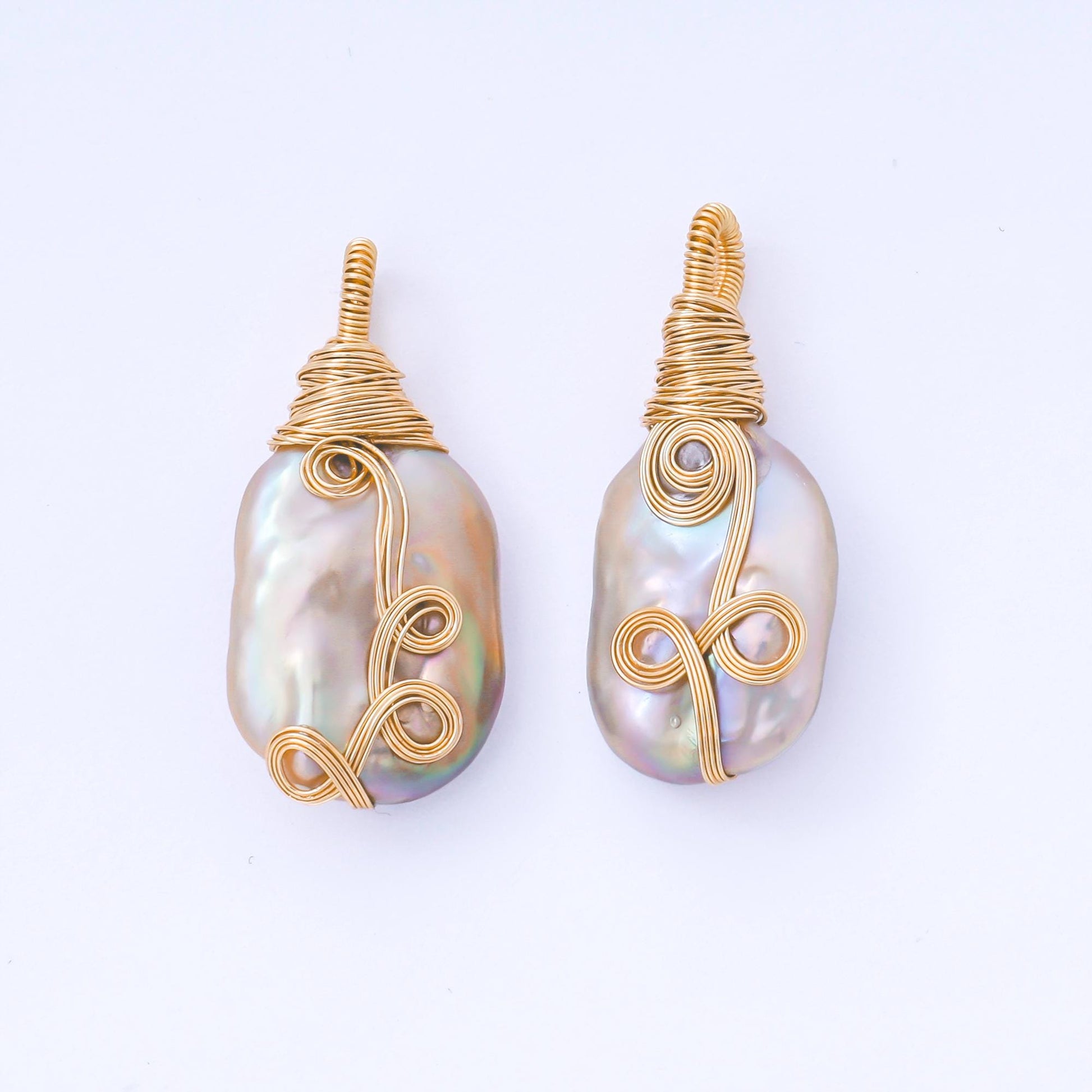 Gold Plated 33mm White Oval Baroque Freshwater Pearl Multiple Wire Wrapped Charm | AF-578