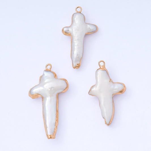 Freshwater Pearl Cross Charm Gold Dipped Pearl Cross Gold Plated Religious Jewelry Findings 31x18 mm AF-576