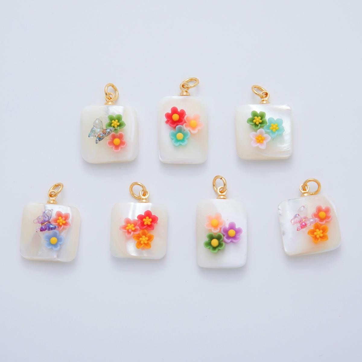 Shell pearl pendant Rectangle pearl with Flower for bracelets necklace jewelry orange, purple, green, blue Floral AF-1377