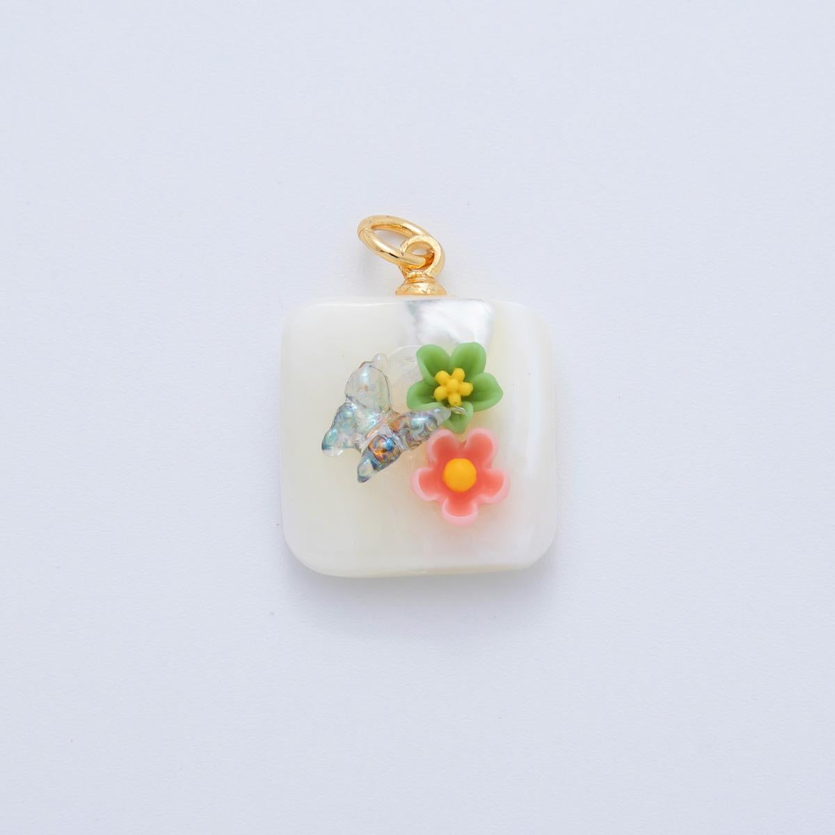 Shell pearl pendant Rectangle pearl with Flower for bracelets necklace jewelry orange, purple, green, blue Floral AF-1377