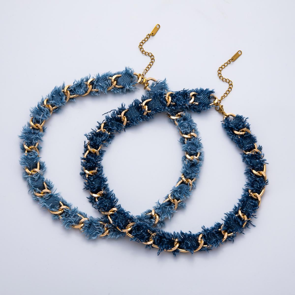 Gold Denim Jeans Fabric Scarf Necklace 16 inch Choker Scarf Necklace Charm Jewelry Supply Ready to Wear WA-3447