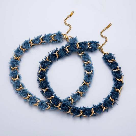 Gold Denim Jeans Fabric Scarf Necklace 16 inch Choker Scarf Necklace Charm Jewelry Supply Ready to Wear WA-3447