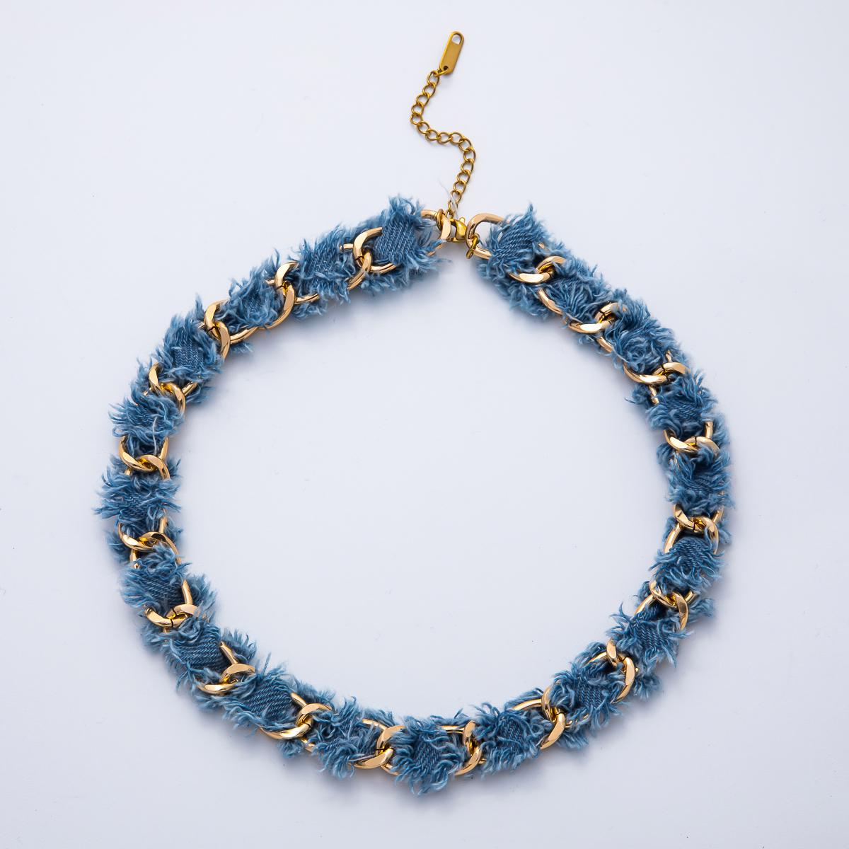 Gold Denim Jeans Fabric Scarf Necklace 16 inch Choker Scarf Necklace Charm Jewelry Supply Ready to Wear WA-3447