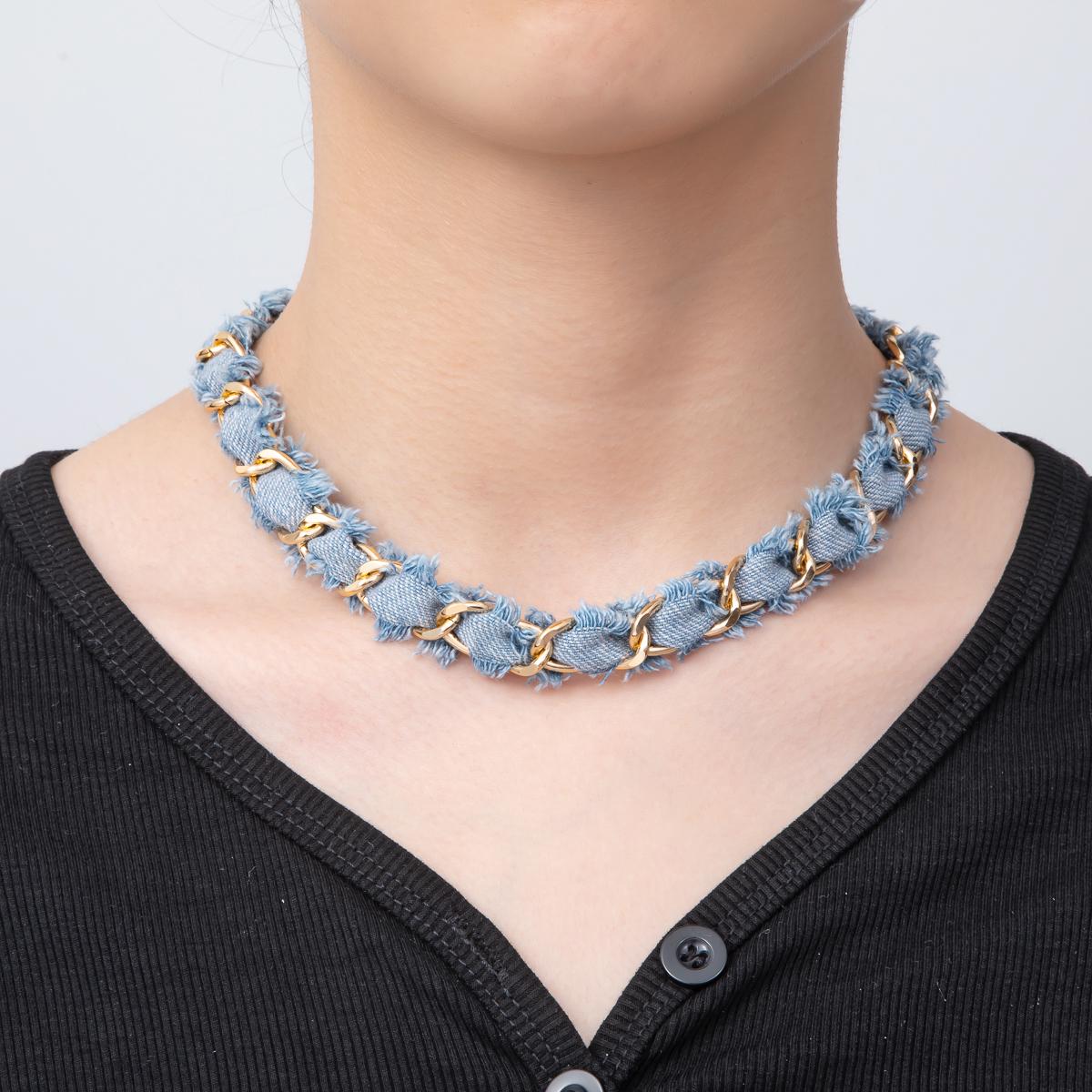 Gold Denim Jeans Fabric Scarf Necklace 16 inch Choker Scarf Necklace Charm Jewelry Supply Ready to Wear WA-3447