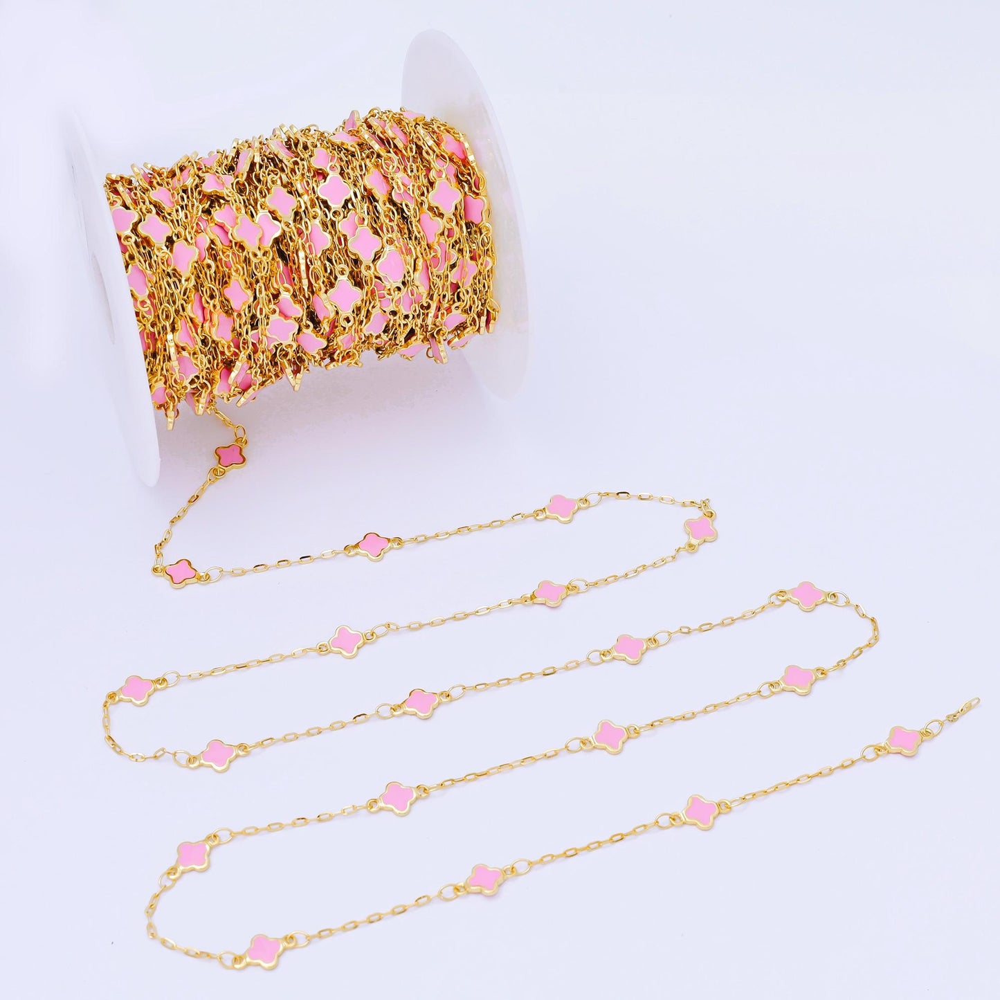 18K Gold fill Dainty Lucky Quatrefoil Chain by Yard, Wholesale Black, Pink, Rainbow Enamel Clover Satellite Chain Jewelry Making ROLL-1675