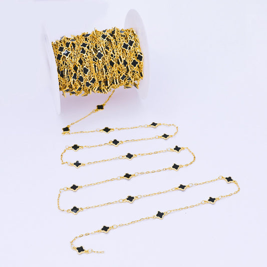18K Gold fill Dainty Lucky Quatrefoil Chain by Yard, Wholesale Black, Pink, Rainbow Enamel Clover Satellite Chain Jewelry Making ROLL-1675
