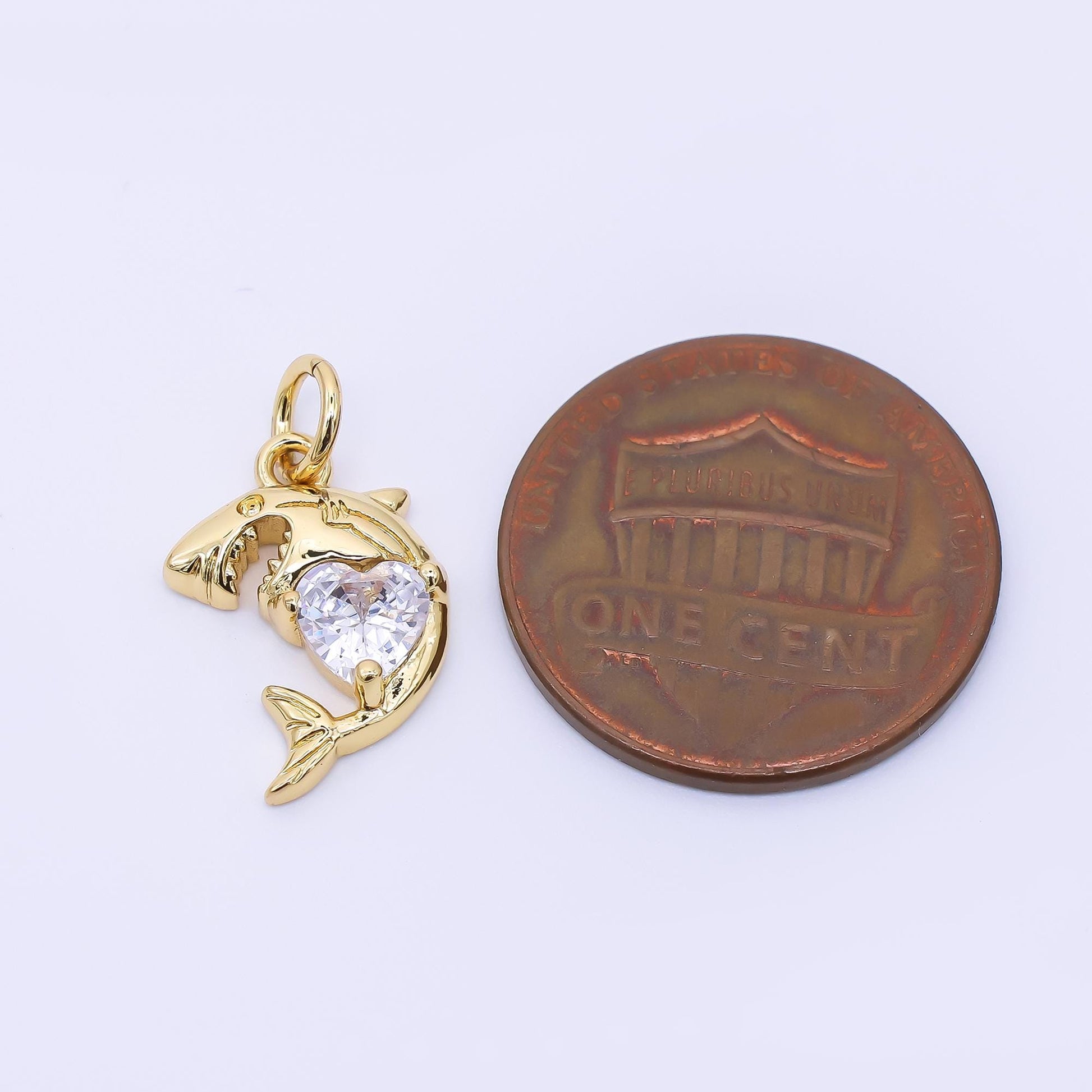 24K Gold Filled 15mm Heart-Shaped CZ Sea Creature Wild Shark Animal Charm | AJ395