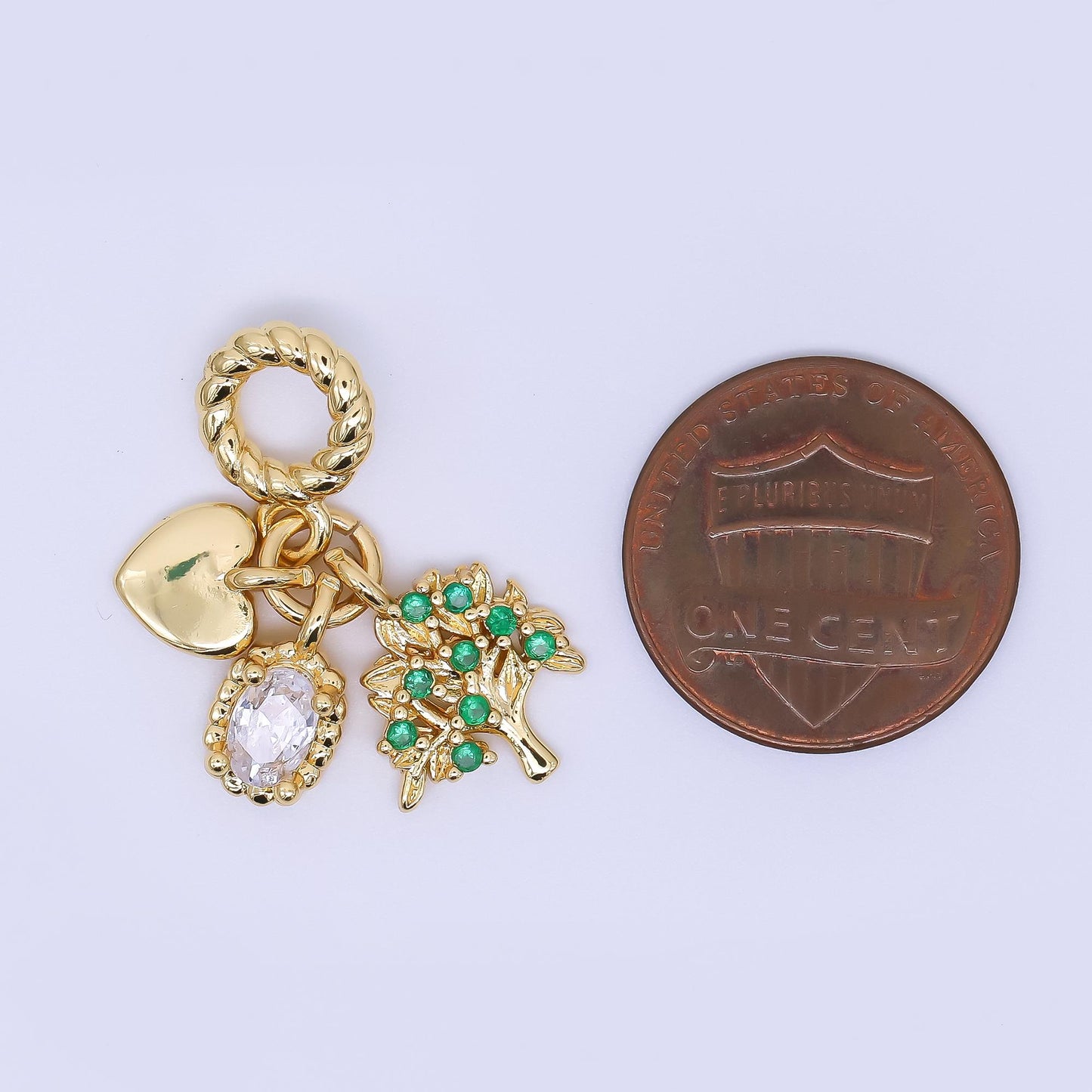 24K Gold Filled 16mm Heart, Clear Oval CZ, & Green Apple Tree Nature Set Rondelle Drop Charm | AC1646