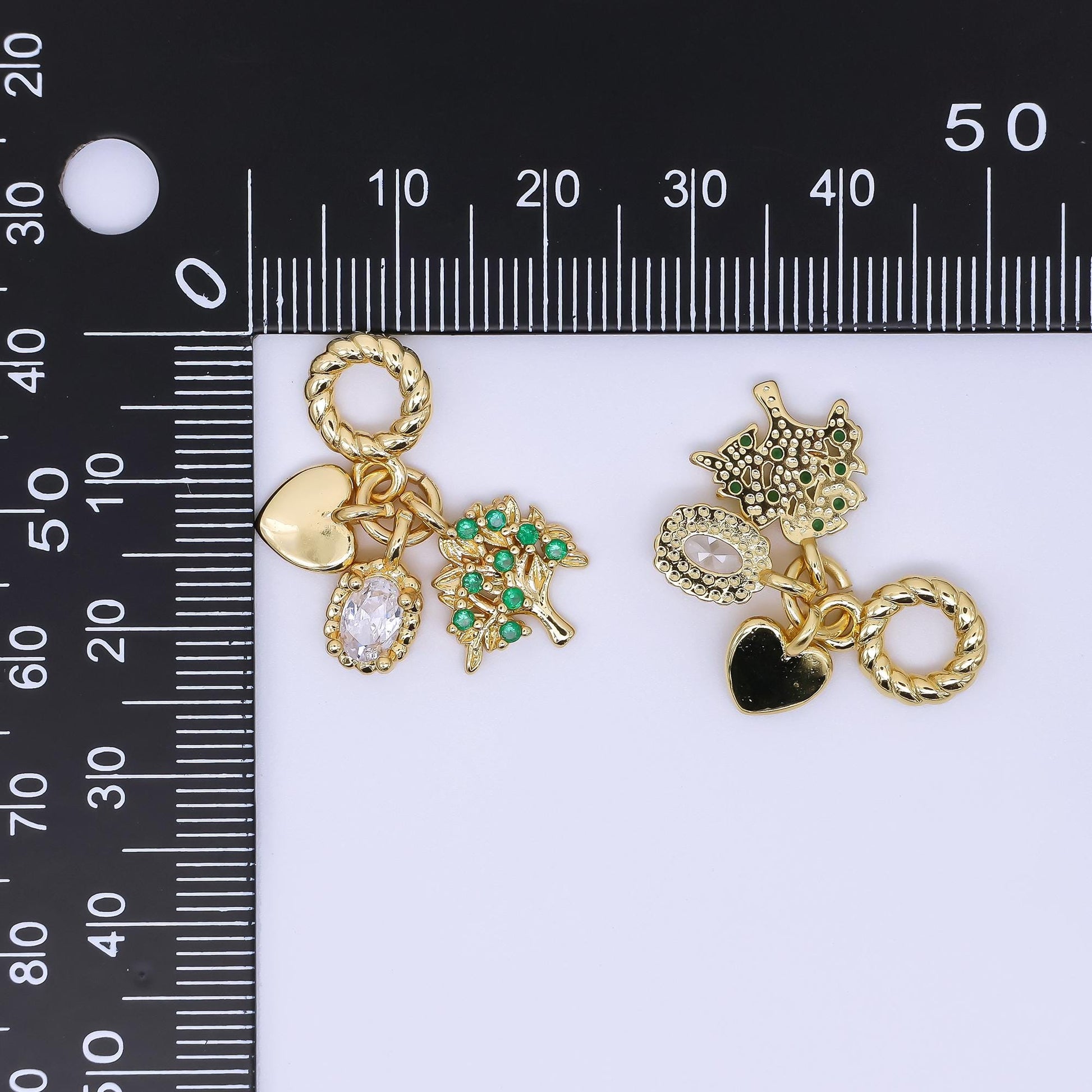 24K Gold Filled 16mm Heart, Clear Oval CZ, & Green Apple Tree Nature Set Rondelle Drop Charm | AC1646