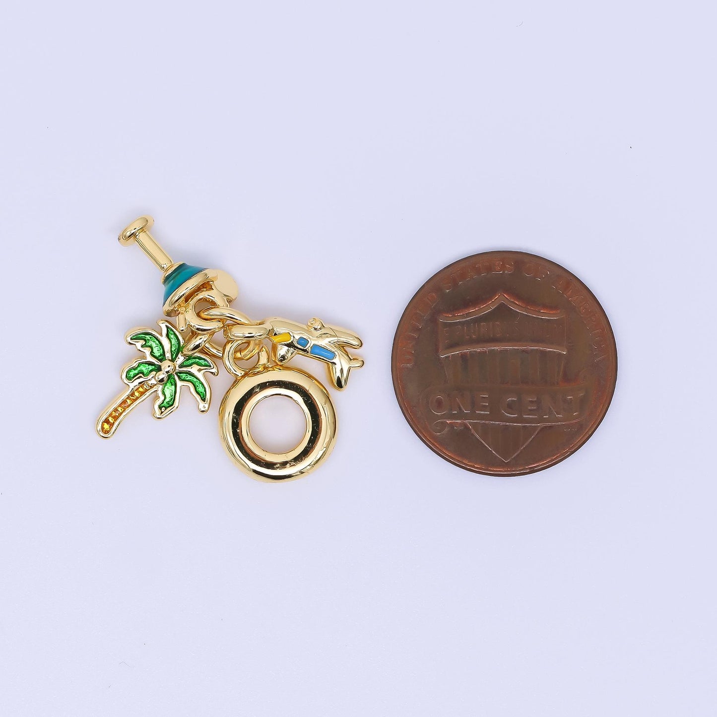 24K Gold Filled 13mm Palm Tree, Cocktails, & Airplane Jet Vacation Travel Set Rondelle Drop Charm | AC1650