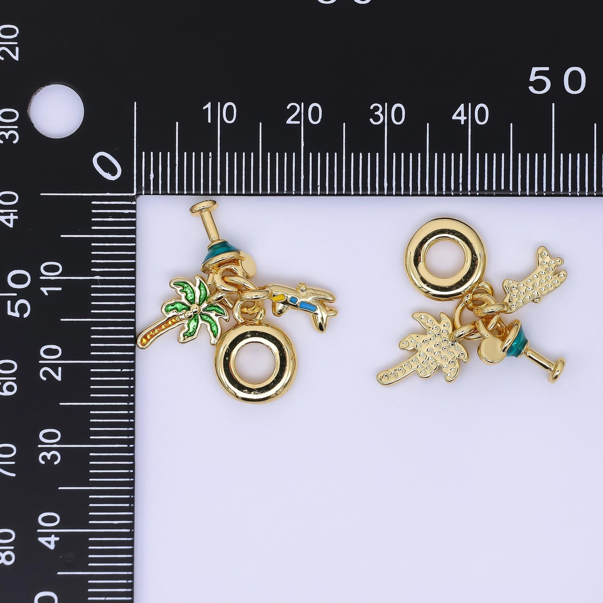 24K Gold Filled 13mm Palm Tree, Cocktails, & Airplane Jet Vacation Travel Set Rondelle Drop Charm | AC1650