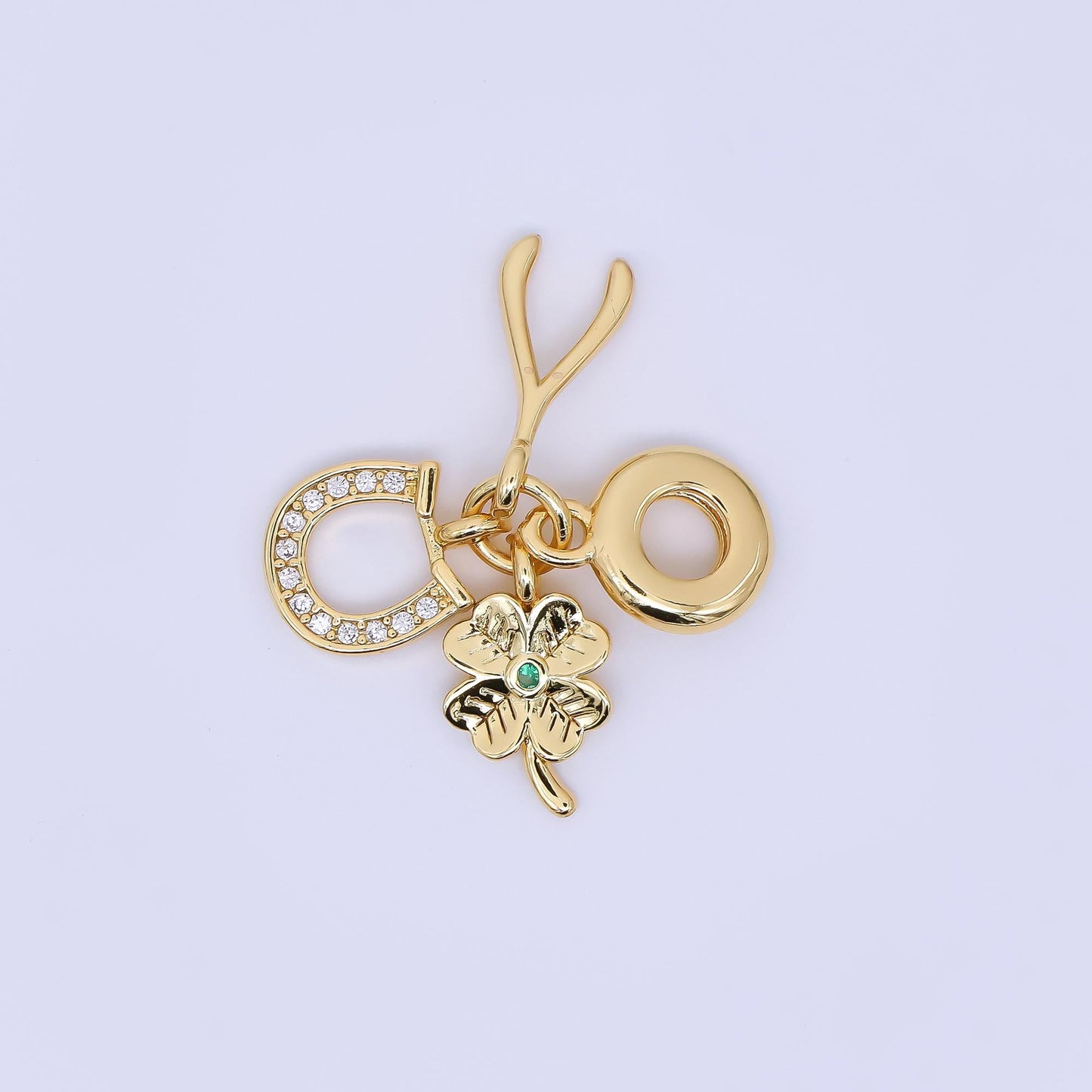 24K Gold Filled 15mm Wishbones, Horseshoe, & Lucky Clover Good Luck Set Rondelle Drop Charm | AC-1647