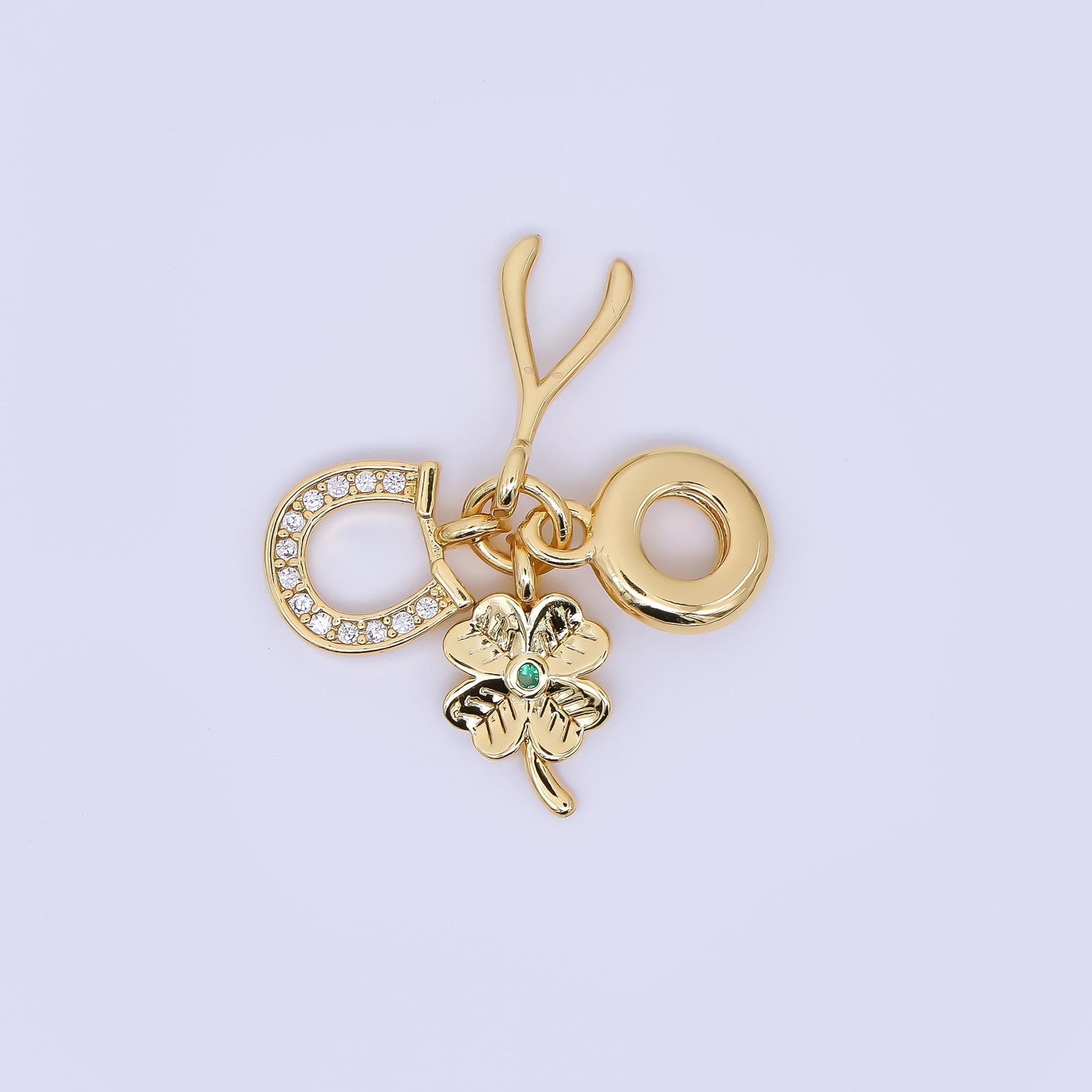 24K Gold Filled 15mm Wishbones, Horseshoe, & Lucky Clover Good Luck Set Rondelle Drop Charm | AC-1647