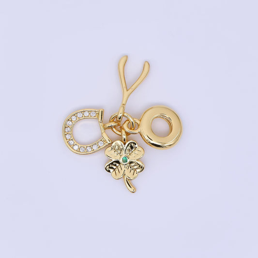 24K Gold Filled 15mm Wishbones, Horseshoe, & Lucky Clover Good Luck Set Rondelle Drop Charm | AC-1647