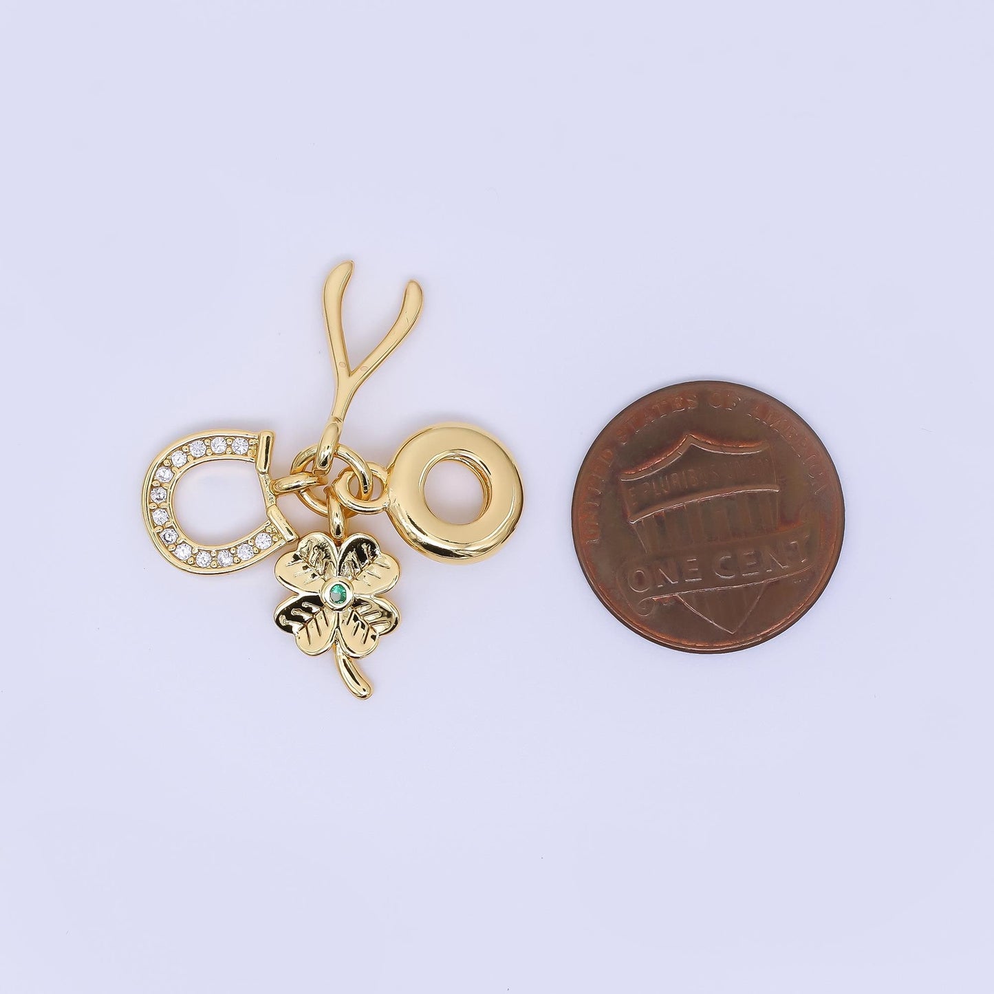 24K Gold Filled 15mm Wishbones, Horseshoe, & Lucky Clover Good Luck Set Rondelle Drop Charm | AC-1647