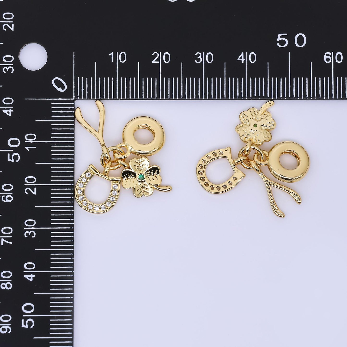 24K Gold Filled 15mm Wishbones, Horseshoe, & Lucky Clover Good Luck Set Rondelle Drop Charm | AC-1647