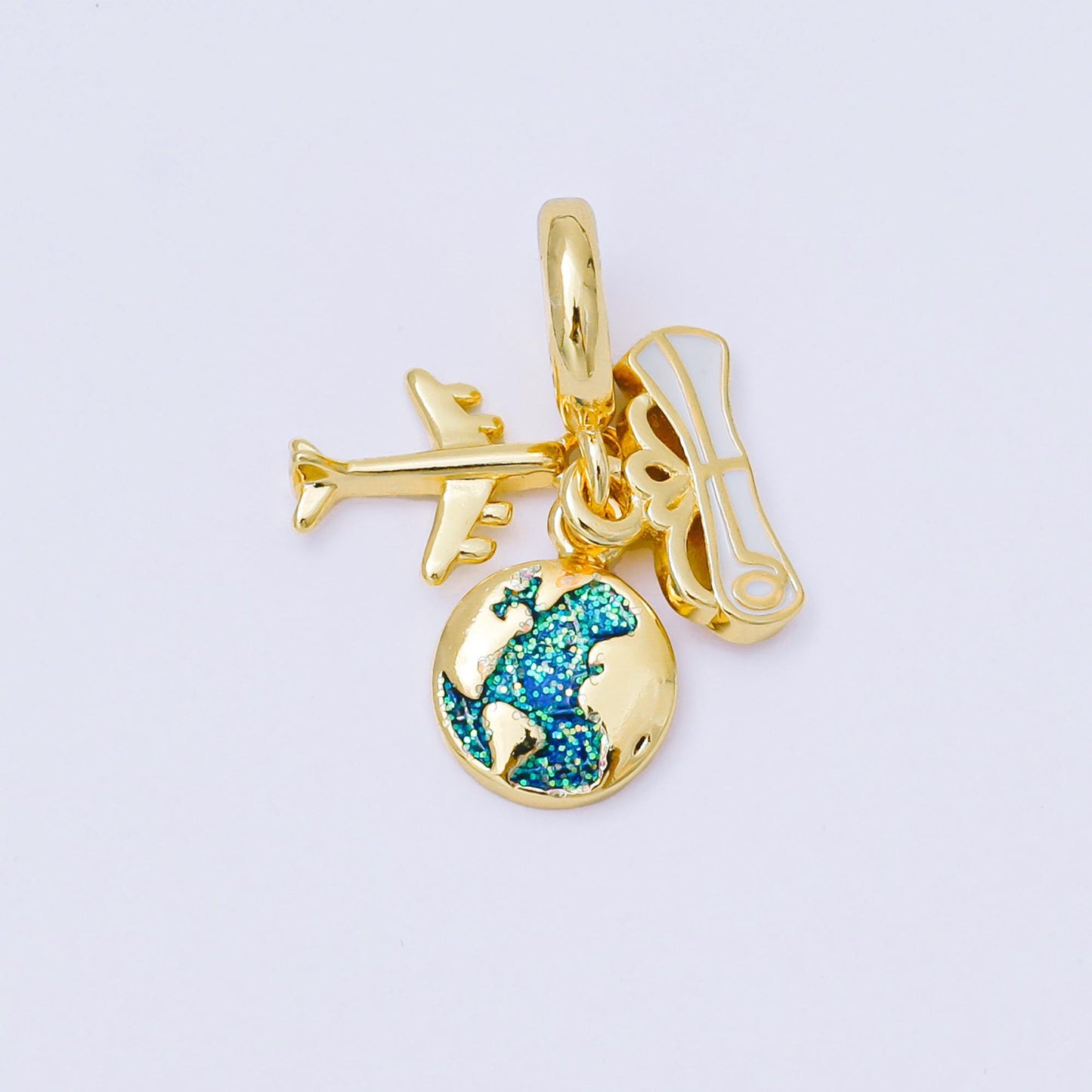 24K Gold Filled 14mm Airplane Globe World Map Drop Rondelle Charm | AC1634