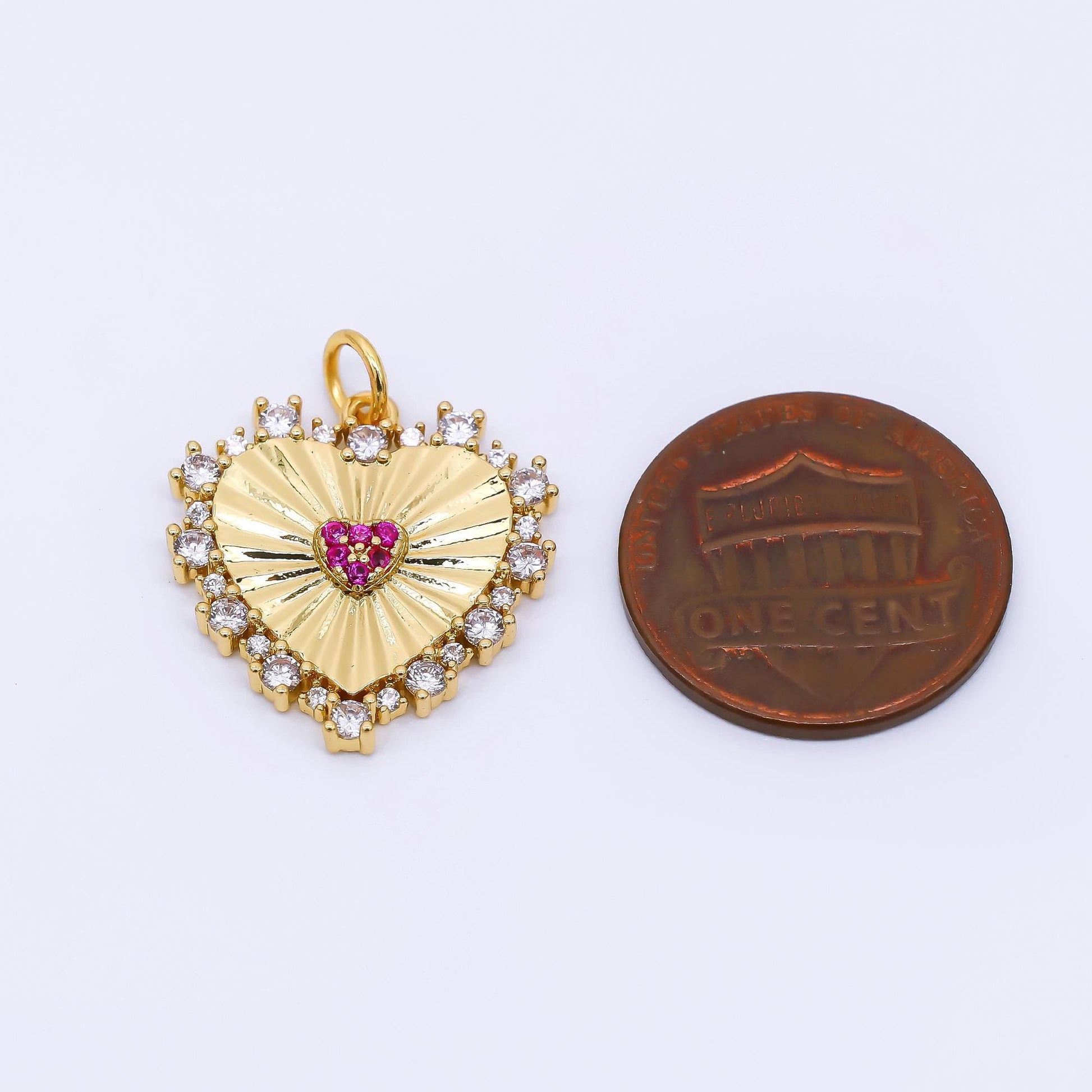 24K Gold Filled 20mm Clear & Fuchsia CZ Royal Heart Charm | AH-554