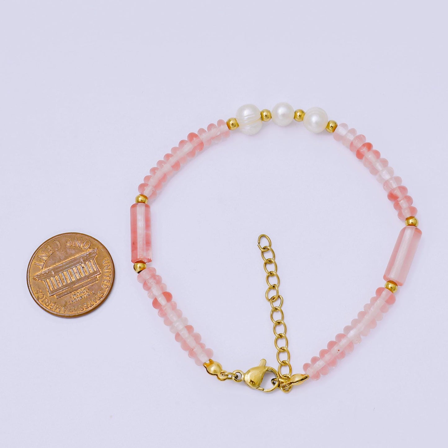 Pink gem stone beaded Bracelet Pearl handmade jewelry WA-1346