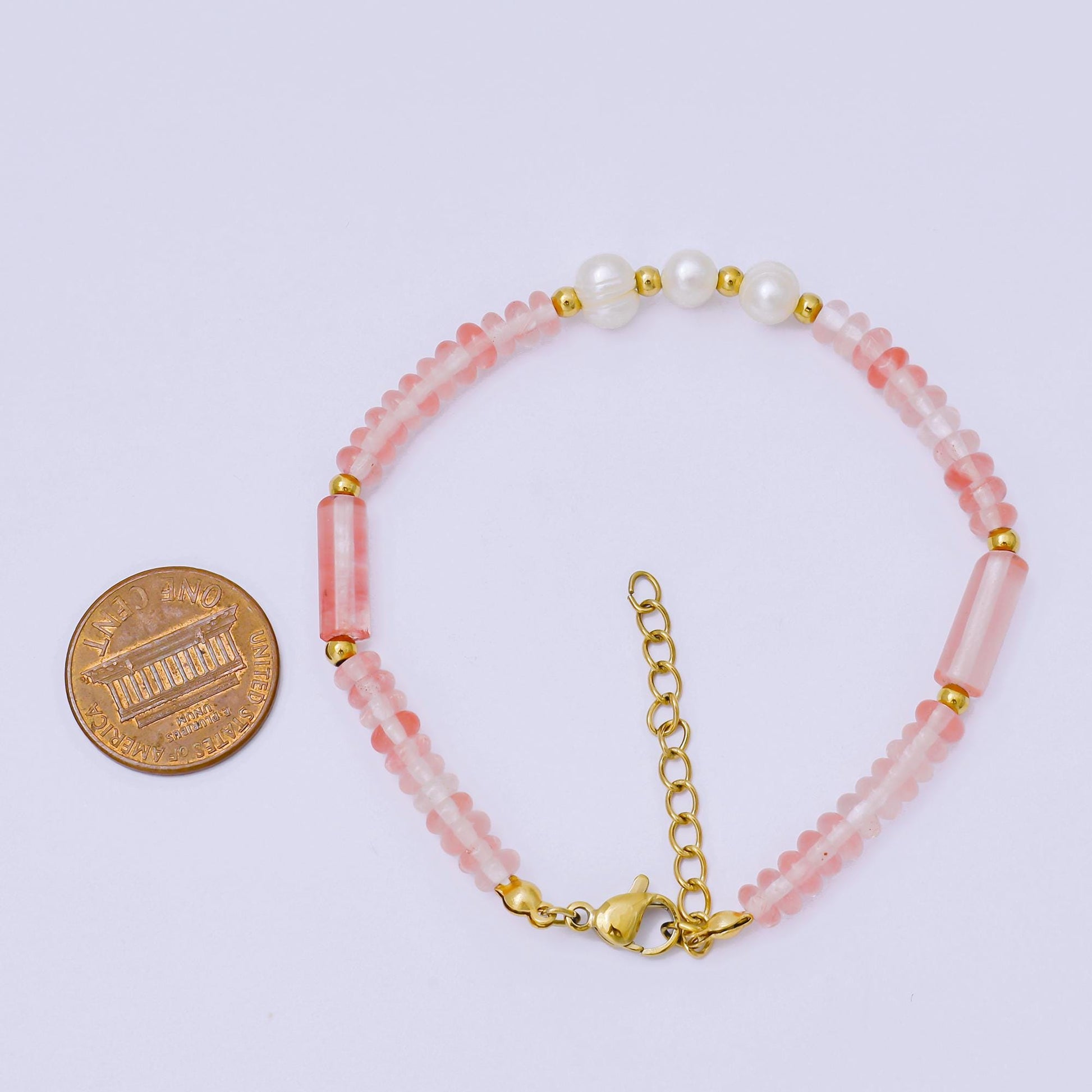 Pink gem stone beaded Bracelet Pearl handmade jewelry WA-1346