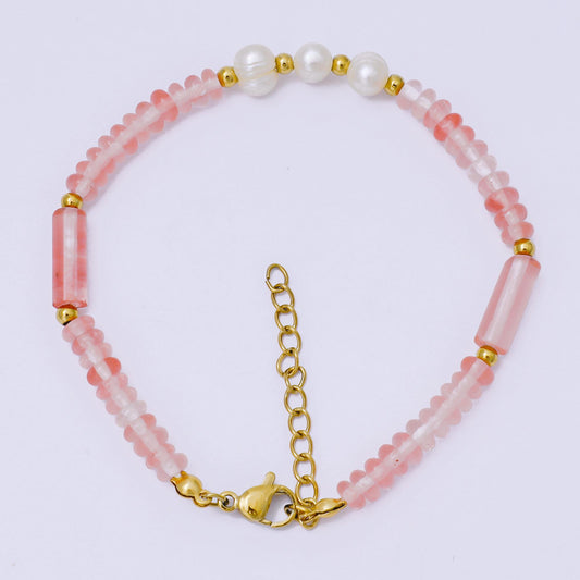 Pink gem stone beaded Bracelet Pearl handmade jewelry WA-1346