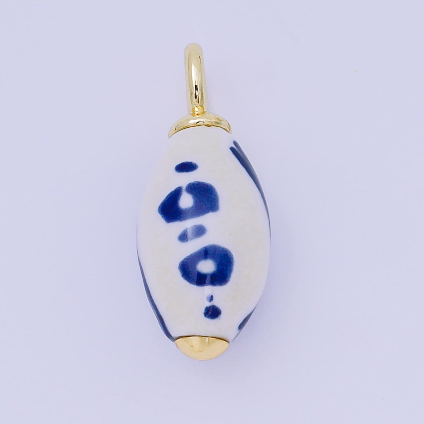24K Gold Filled Blue-White Porcelain Oblong Drop Charm | AF1280