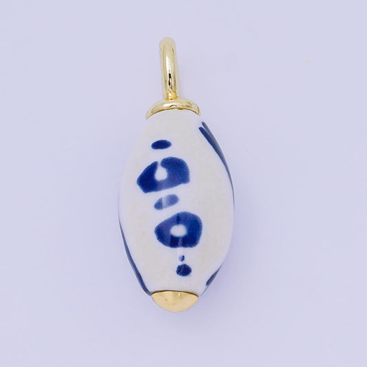24K Gold Filled Blue-White Porcelain Oblong Drop Charm | AF1280