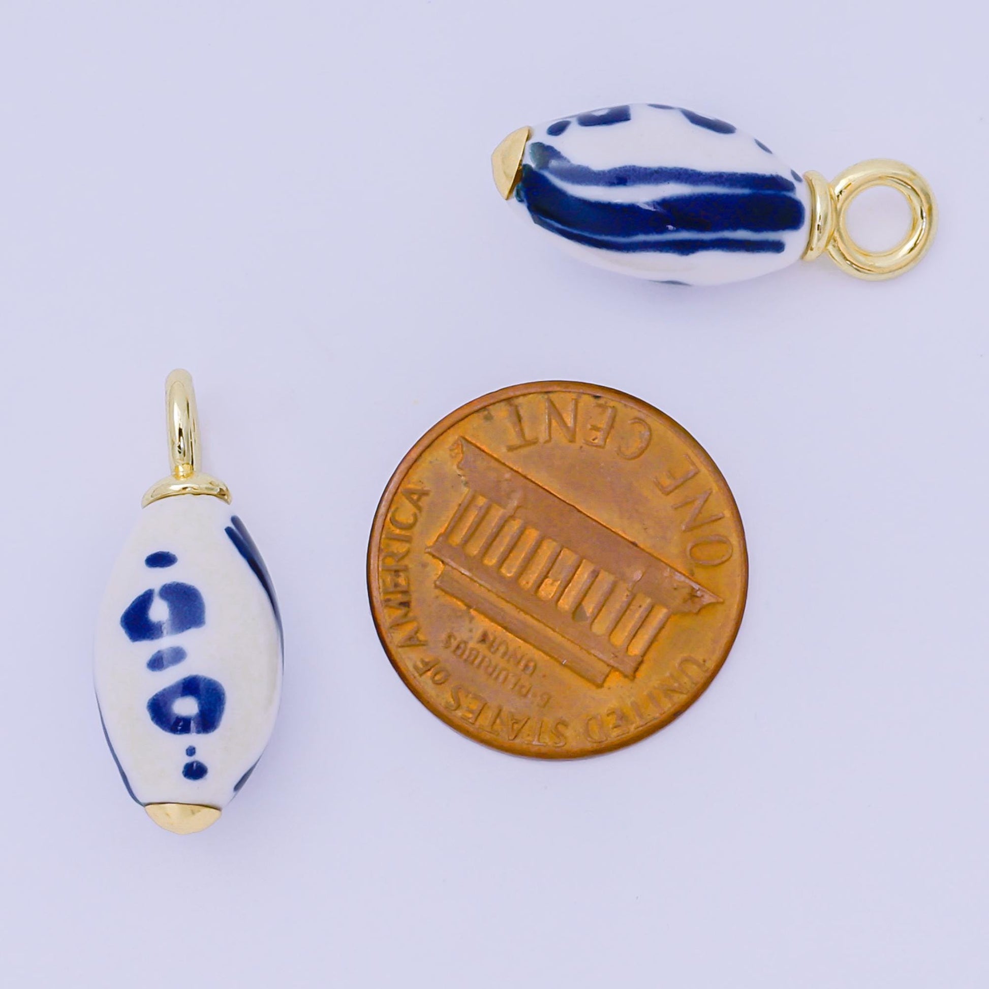 24K Gold Filled Blue-White Porcelain Oblong Drop Charm | AF1280