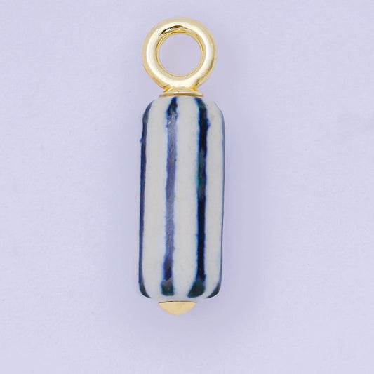 24K Gold Filled 28.5mm Blue-White Linear Cylinder Porcelain Drop Charm | AF1285