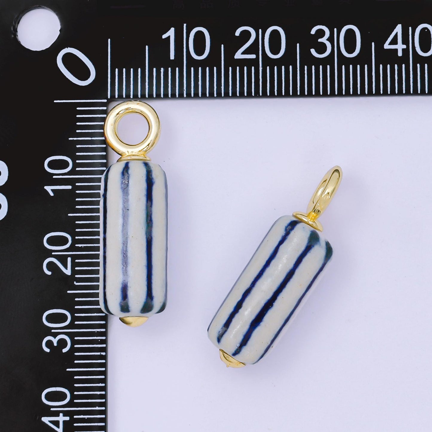 24K Gold Filled 28.5mm Blue-White Linear Cylinder Porcelain Drop Charm | AF1285