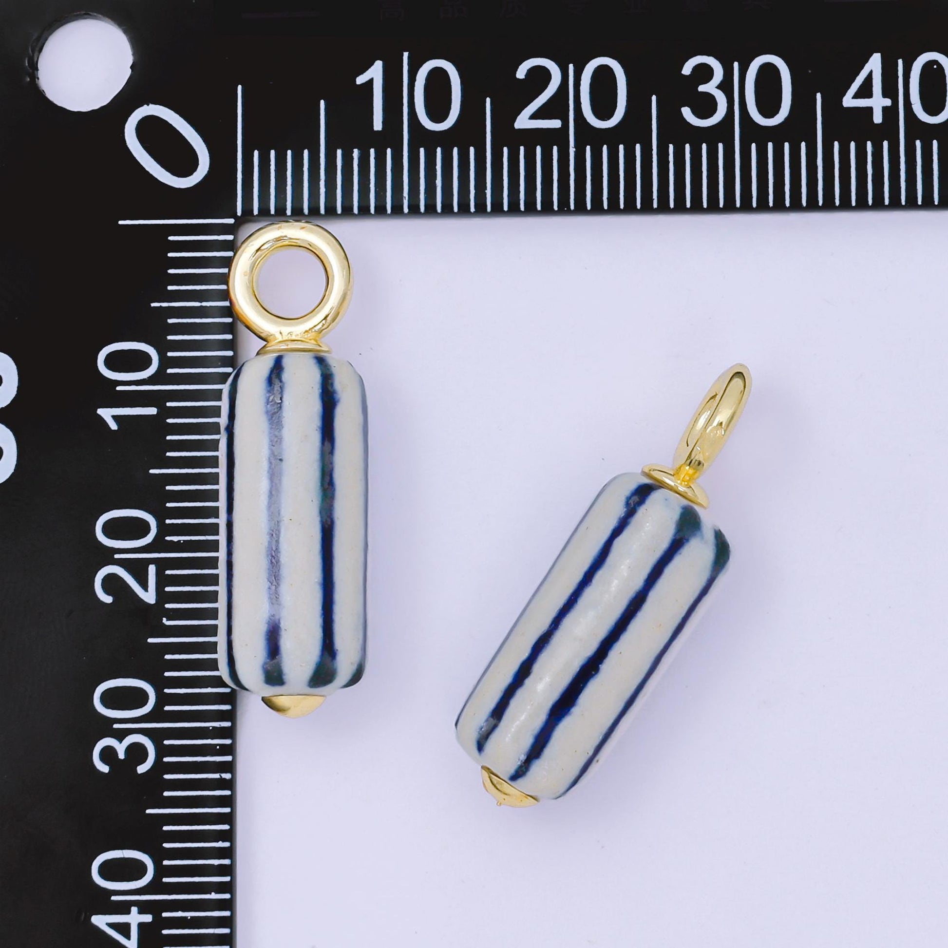 24K Gold Filled 28.5mm Blue-White Linear Cylinder Porcelain Drop Charm | AF1285