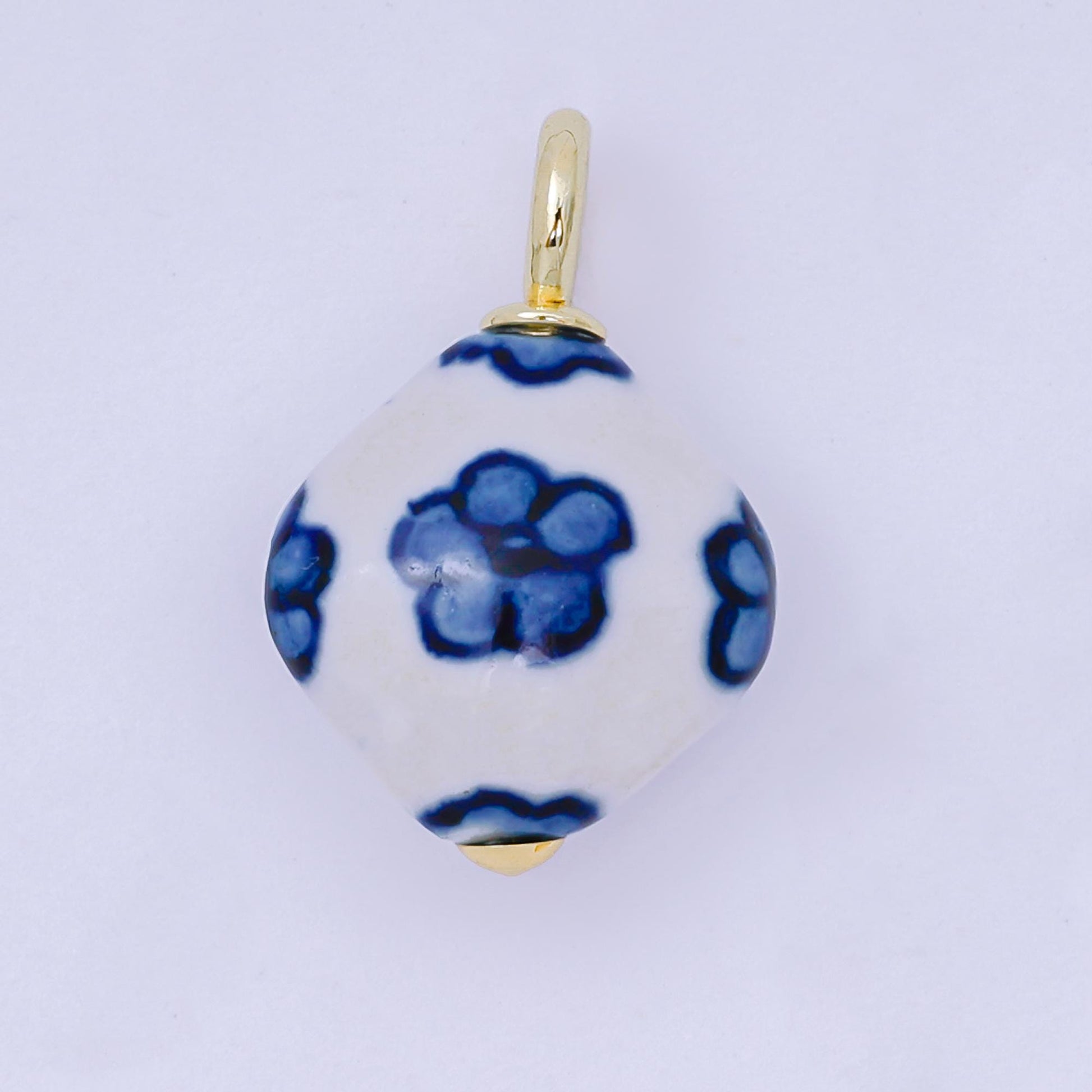 24K Gold Filled Blue-White Flower Geometric Porcelain Ceramic Drop Charm | AF1282