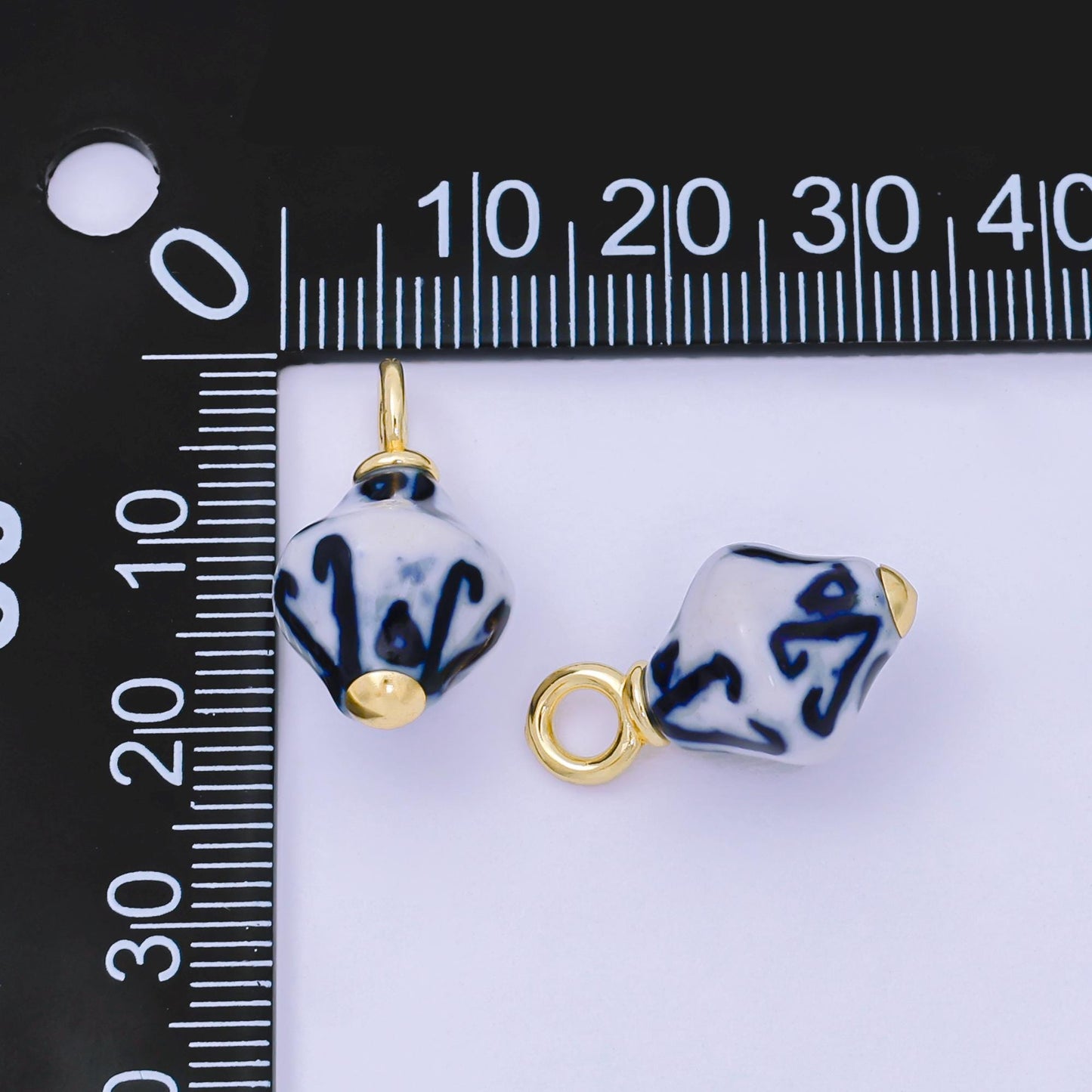 24K Gold Filled Blue Geometric Porcelain Cylinder Drop Charm | AF1283