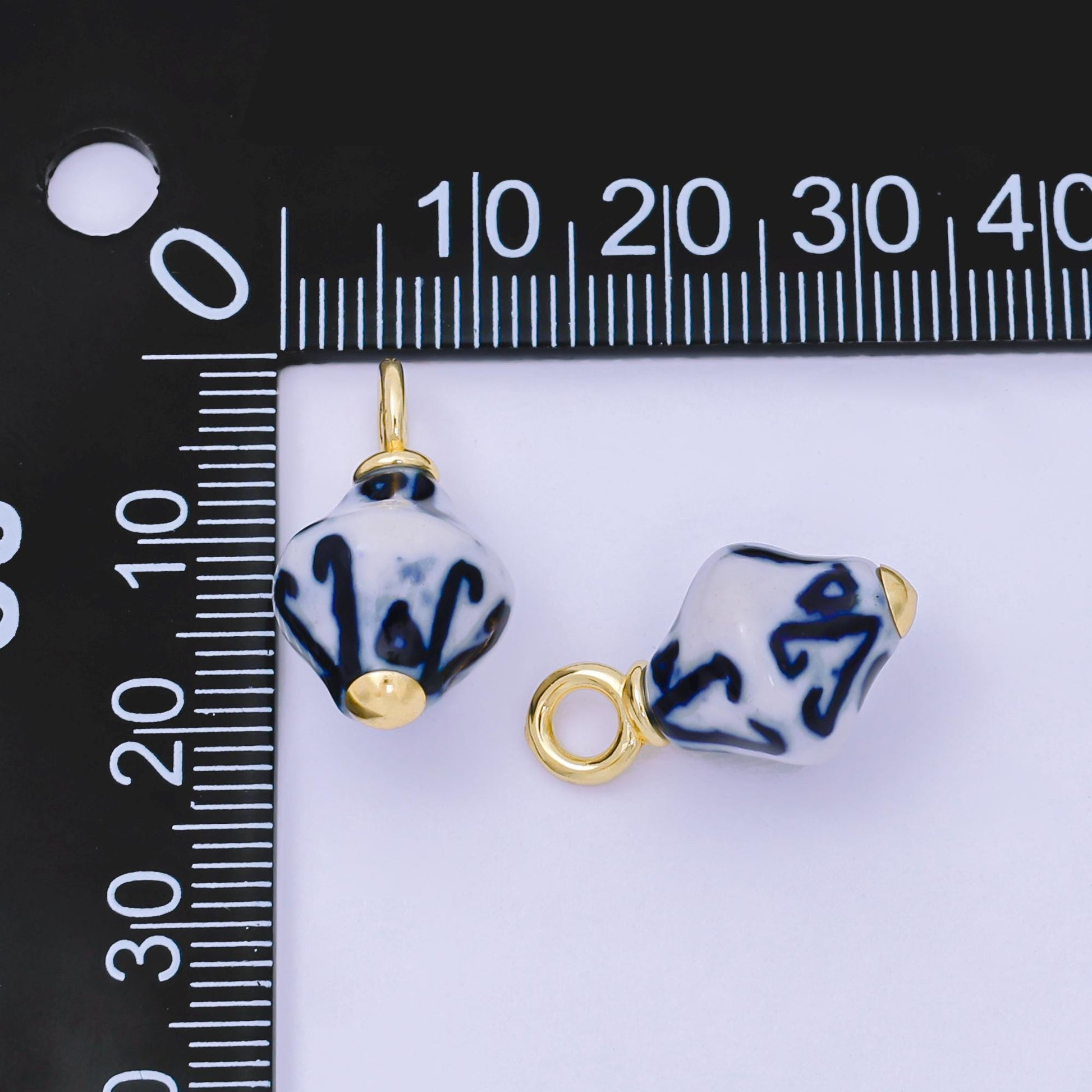24K Gold Filled Blue Geometric Porcelain Cylinder Drop Charm | AF1283