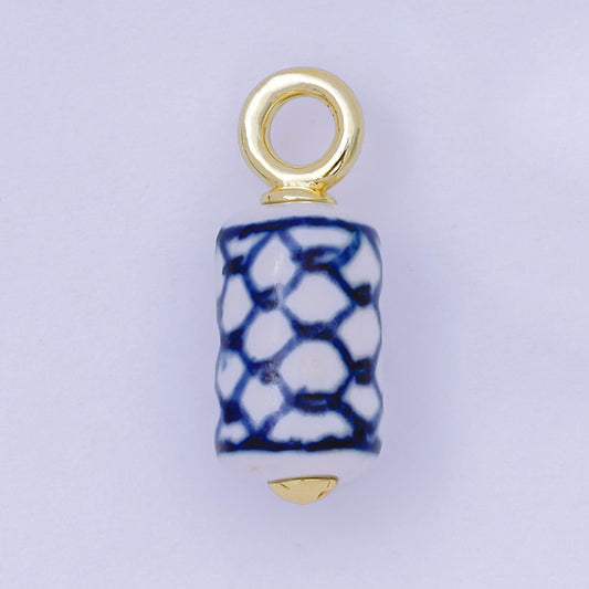 24K Gold Filled 25mm Blue-White Fish Net Porcelain Ceramic Cylinder Drop Charm | AF1281