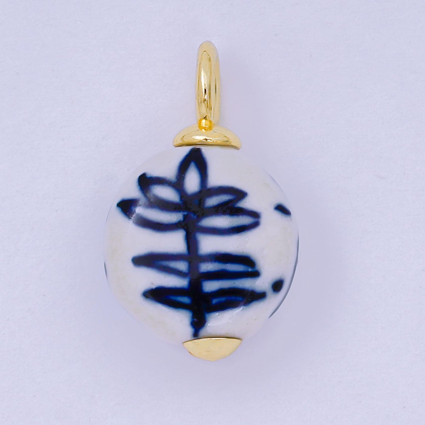 24K Gold Filled 21mm Blue-White Flower Ceramic Porcelain Drop Charm | AF1277