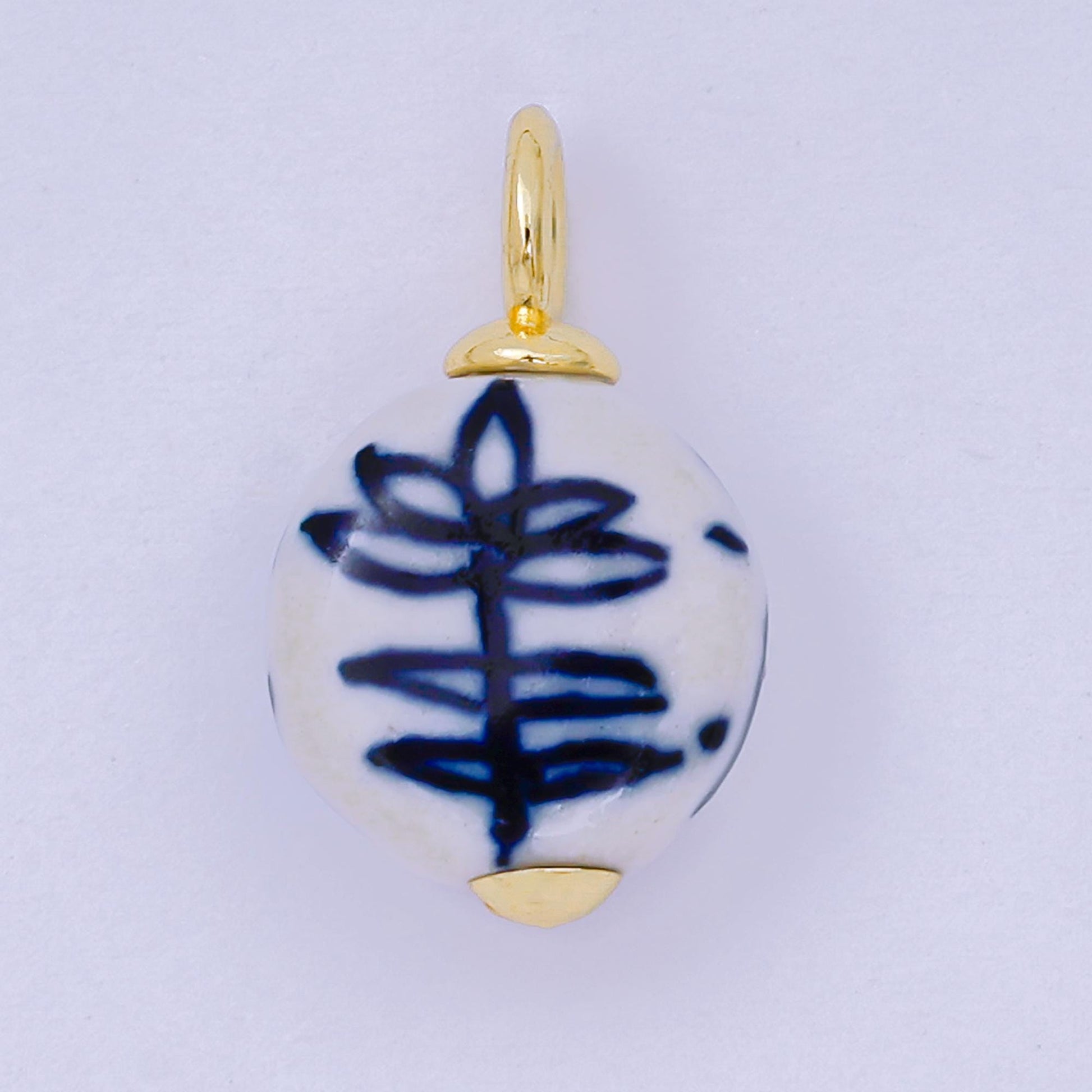 24K Gold Filled 21mm Blue-White Flower Ceramic Porcelain Drop Charm | AF1277