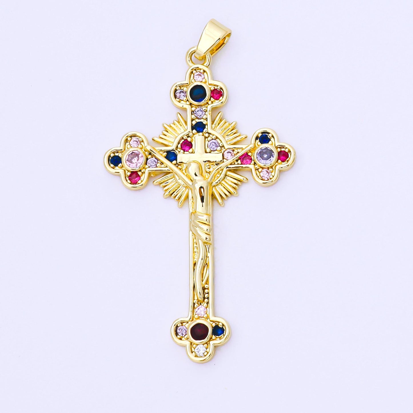 24k gold filled cross pendant, multicolor Blue purple pink cubic zirconia cz christian catholic jewelry supply AA-1568