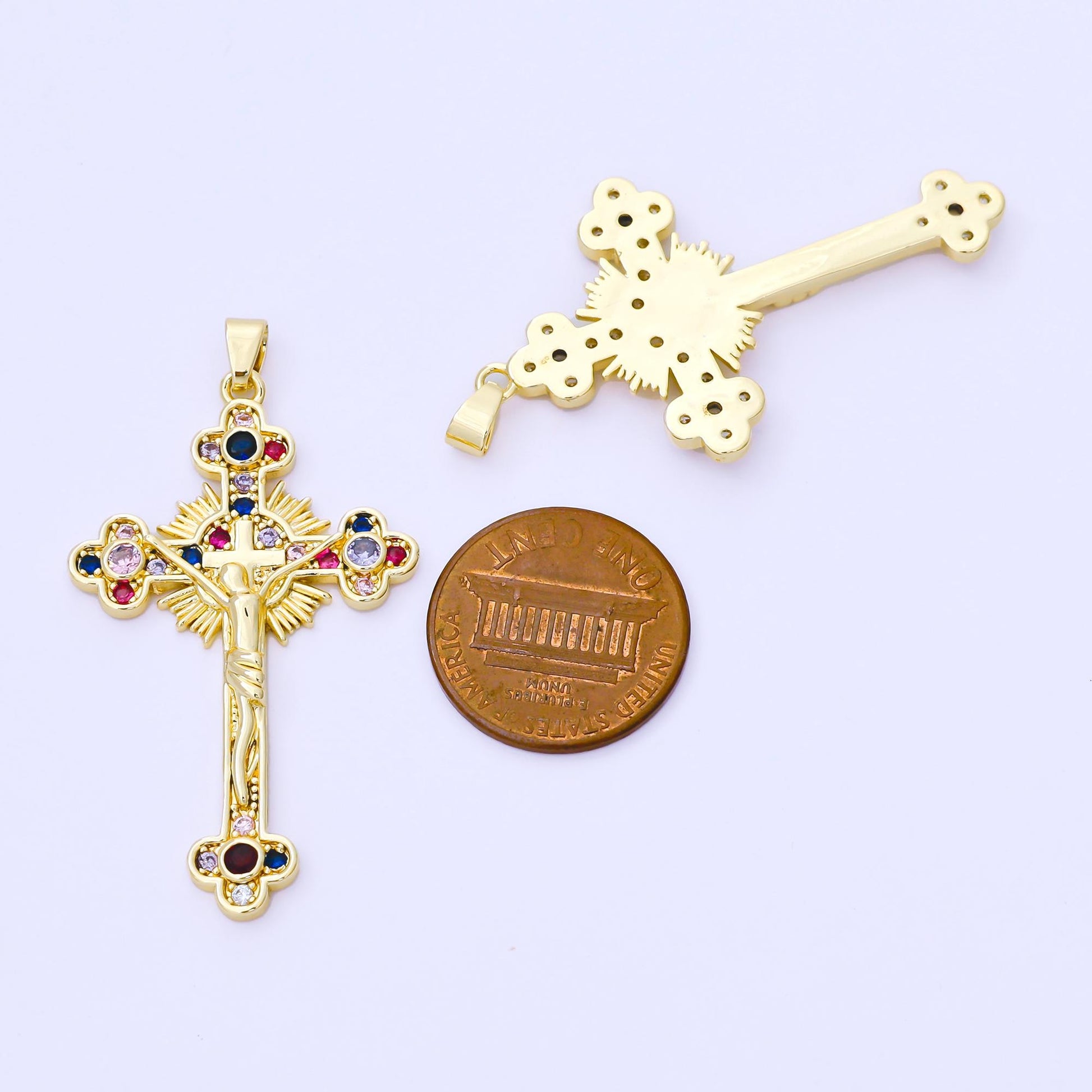 24k gold filled cross pendant, multicolor Blue purple pink cubic zirconia cz christian catholic jewelry supply AA-1568