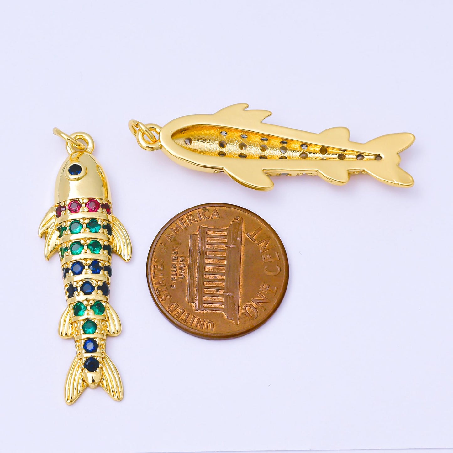 24K Gold Filled Clear, Multicolor Micro Paved CZ Sardine Salmon Fish Charm | AF1305
