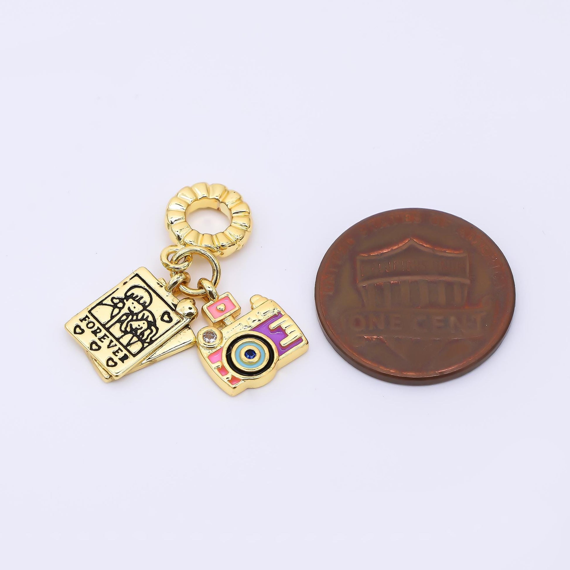 24K Gold Filled Vintage Instant Film Camera Enamel Heart Rondelle Drop Charm | AC1613
