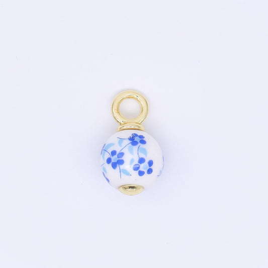 24K Gold Filled Blue-White Daisy Flower Ceramic Porcelain Round Drop Charm | AJ400